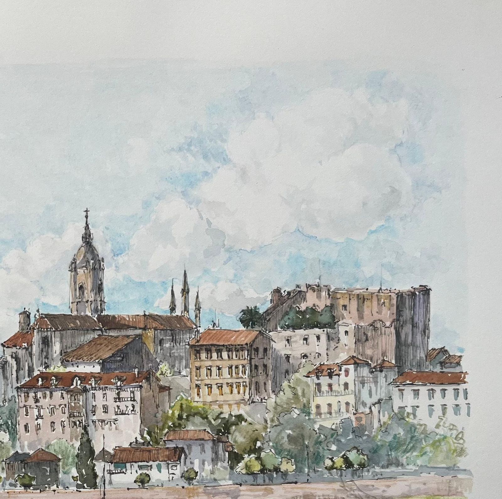 Robert Lepine (1929   2017)french Watercolor Painting Of “Vue Vers Fontarrabie” With Riverside Townscape20th Century photo 470.0
