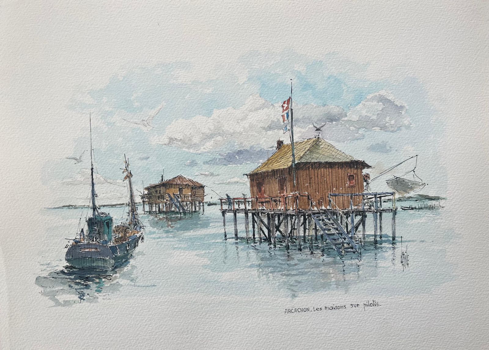 Robert Lepine (1929   2017)french Watercolor Painting Of “Les Maisons Sur Pilotis” In Arcachon20th Century