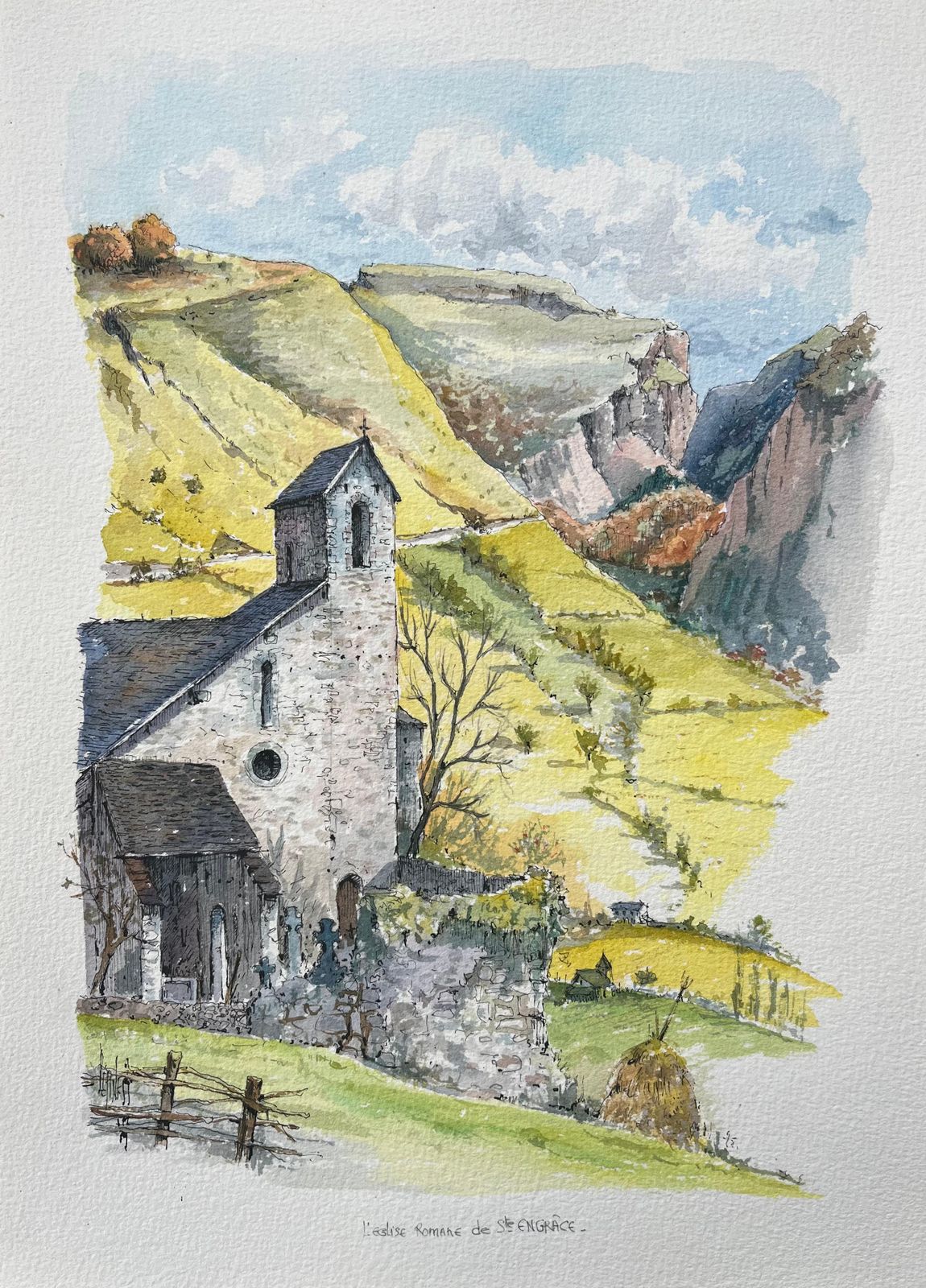 Robert Lepine (1929   2017)french Watercolor Of Romanesque Church In Sainte Engrâce20th Century