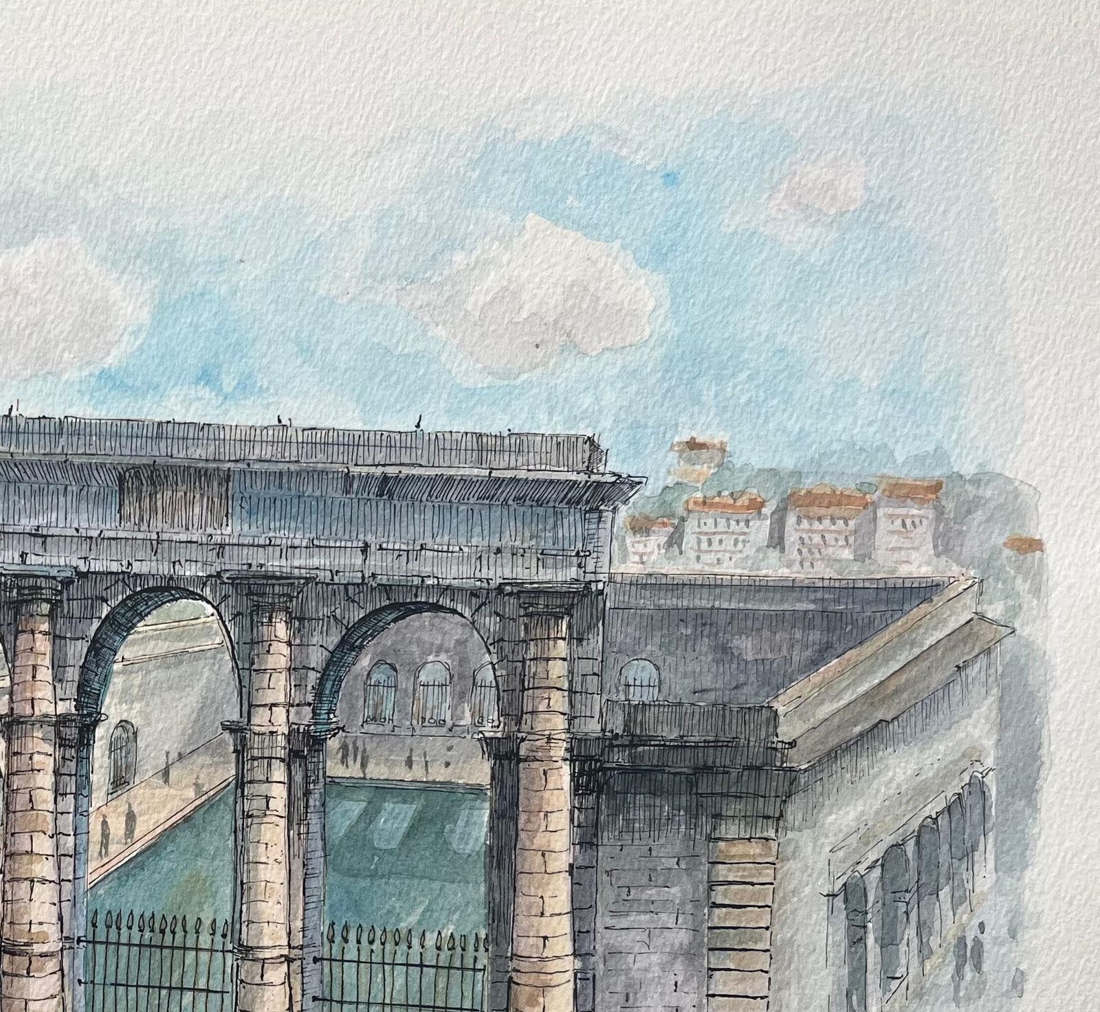 Robert Lepine (1929   2017)french Watercolor Painting Of “La Station Thermale” In Dax20th Century photo Art
