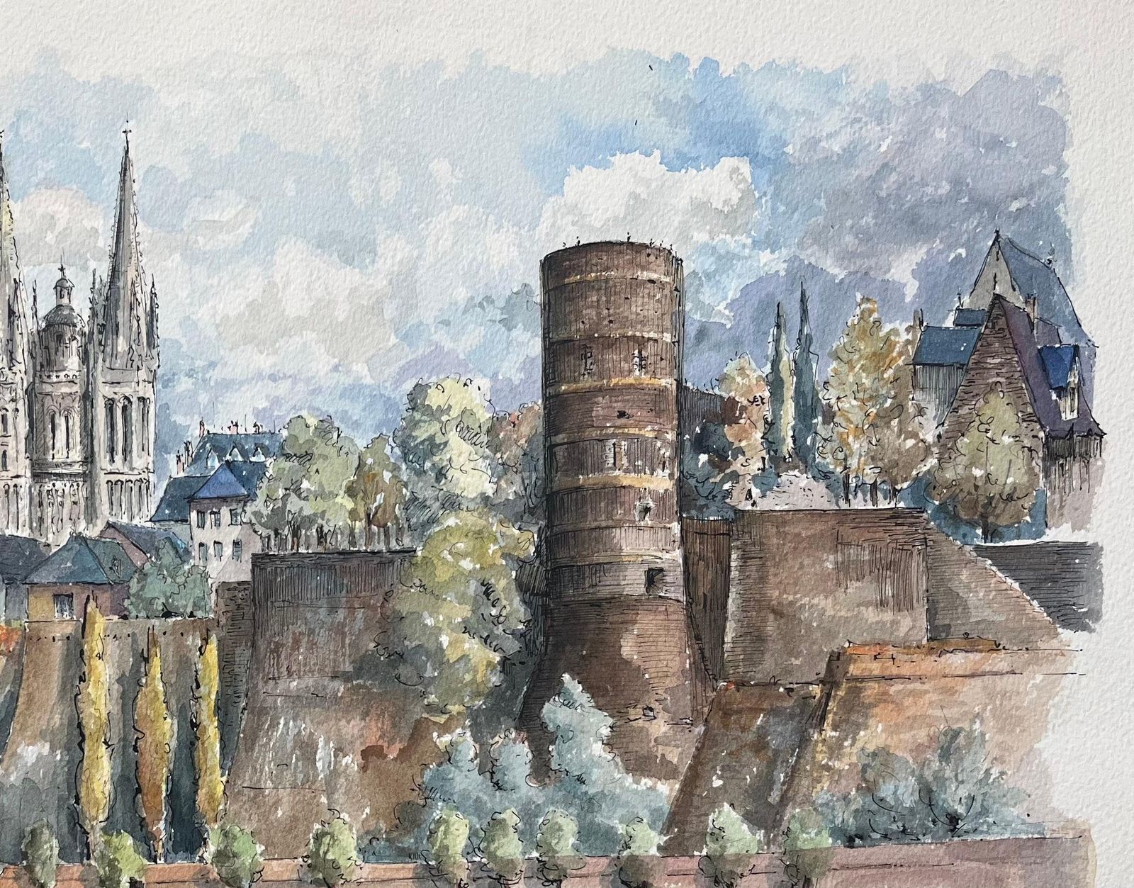 Robert Lepine (1929   2017)french Watercolor Of "Angers With Château And Cathedral" Along The Maine River20th Century photo Art