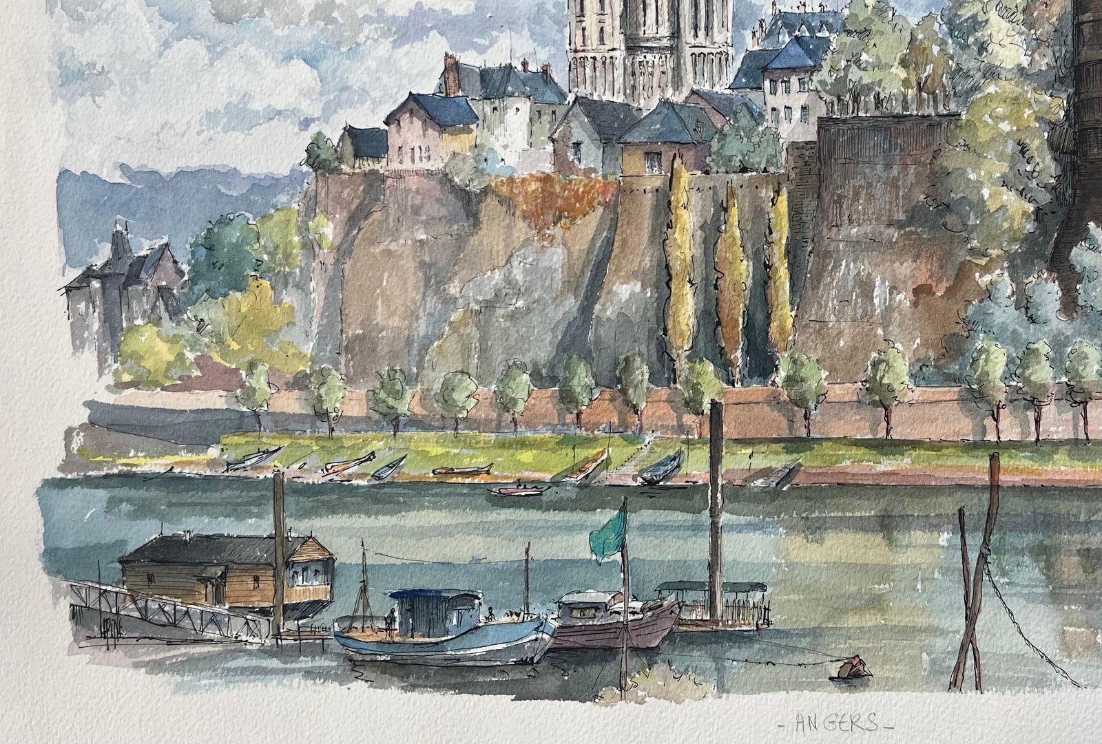 Robert Lepine (1929   2017)french Watercolor Of "Angers With Château And Cathedral" Along The Maine River20th Century photo 687.0