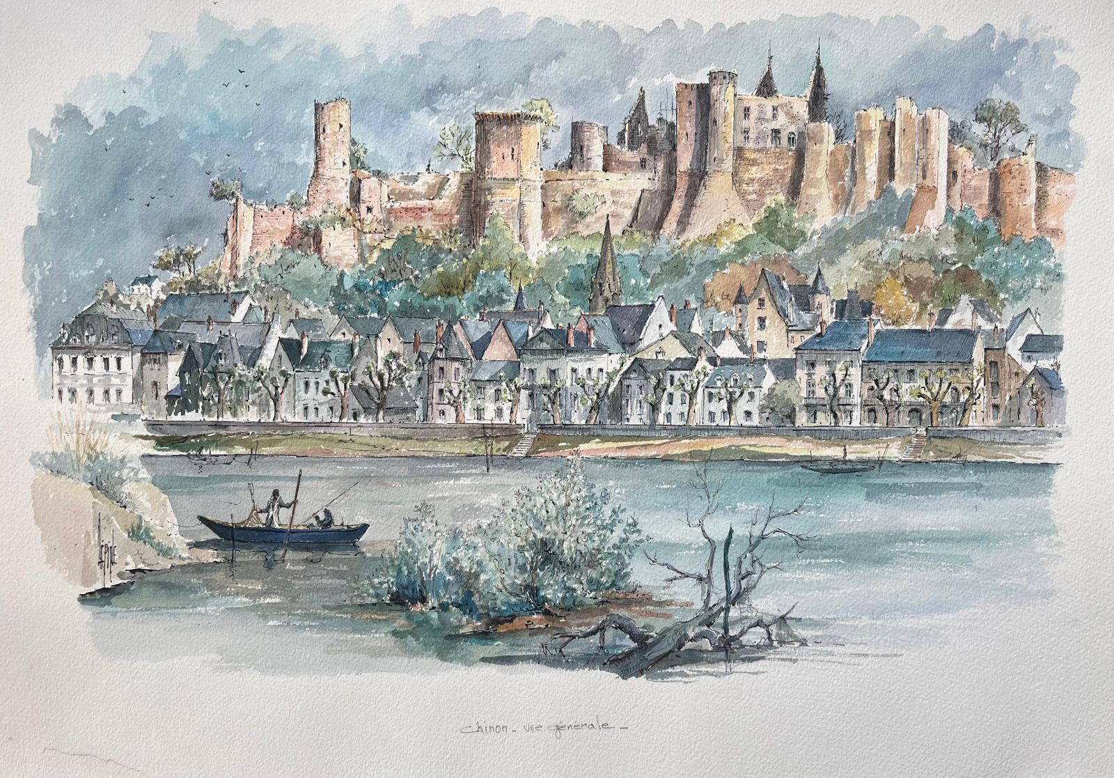 Robert Lepine (1929   2017)french Watercolor Of Chinon: Vue Générale With Château And Riverside Scene20th Century