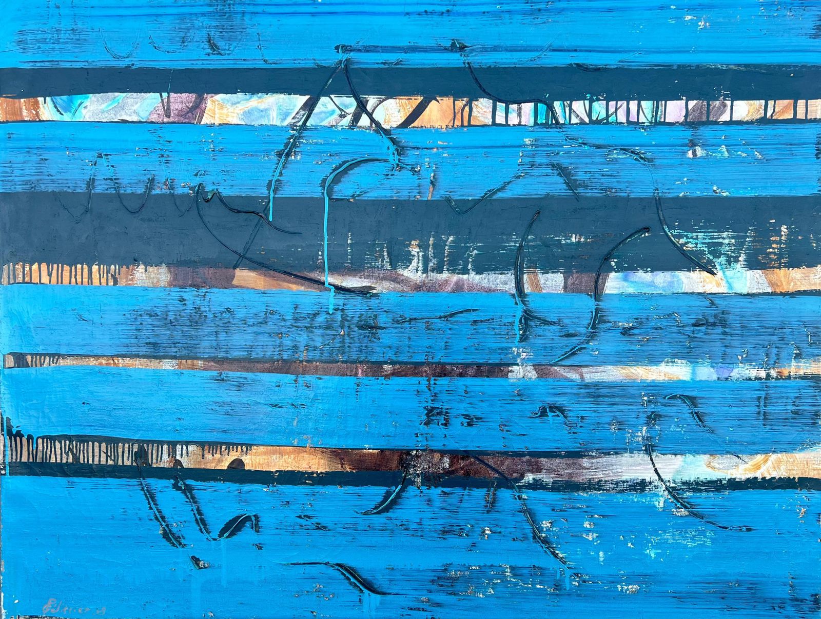 Gilbert Pelissier1960's French Huge Abstract Painting Layers Blue Abstract Textural Composition1968