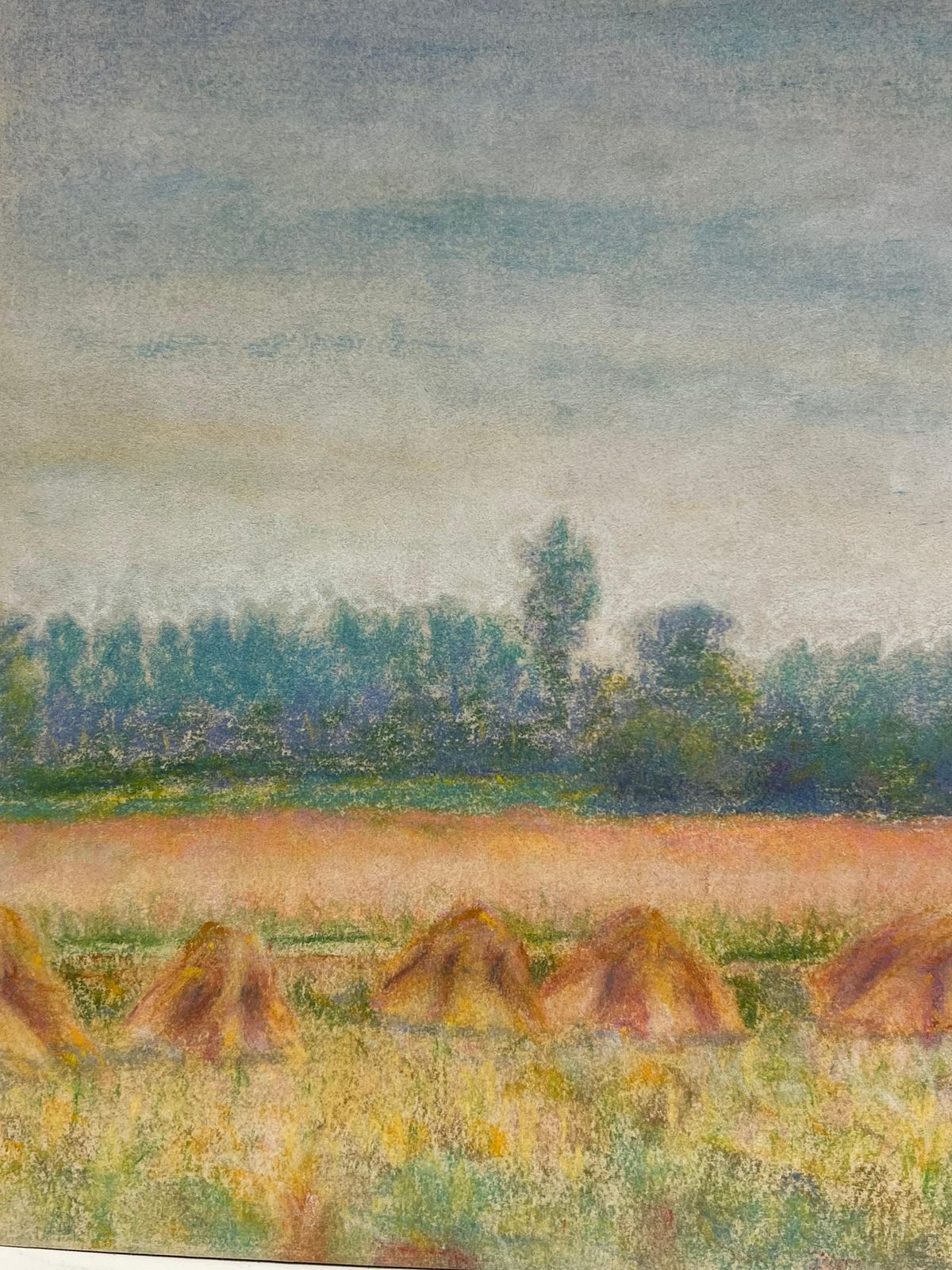 Regine Davidmid 20th Century Harvest Hues Pastel Landscape Of Haystacks And Fields At Dawn1947 photo for sale