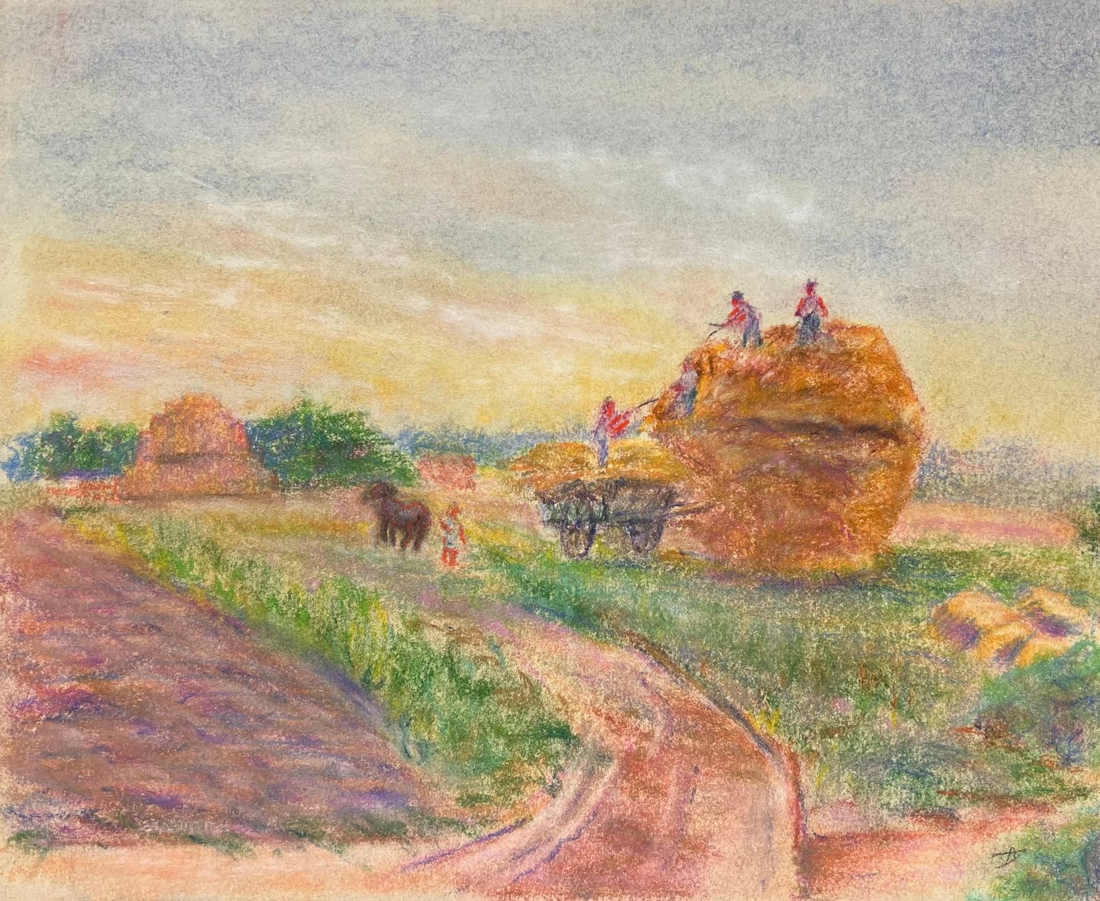 Regine Davidmid 20th Century Harvest In Summer Rural Pastel Scene Of Farmers At Work1947