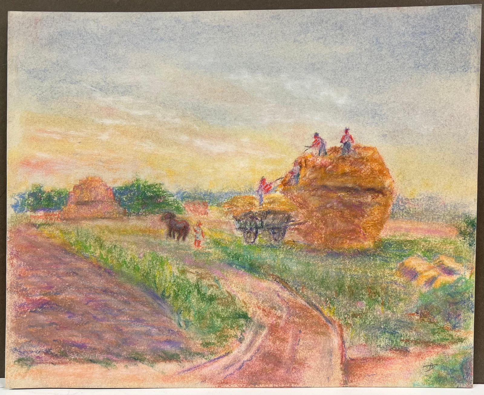 Regine Davidmid 20th Century Harvest In Summer Rural Pastel Scene Of Farmers At Work1947 photo furniture
