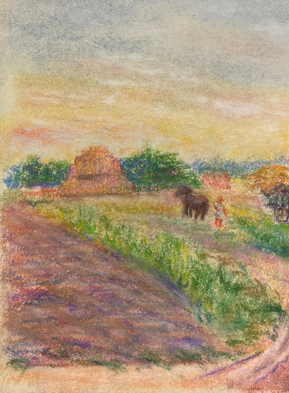 Regine Davidmid 20th Century Harvest In Summer Rural Pastel Scene Of Farmers At Work1947 photo vinterior