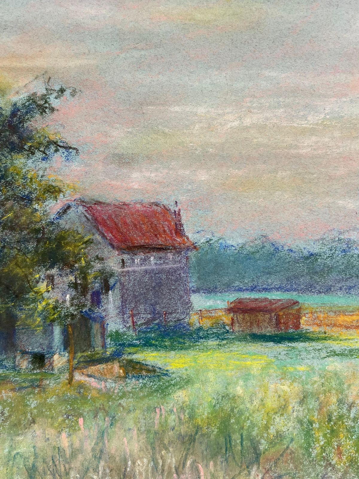 Regine Davidmid 20th Century French Countryside Pastel Landscape Of A Farmhouse In Field1946 photo Art