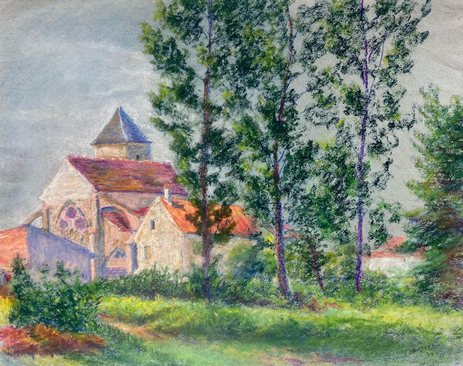Regine Davidmid 20th Century French Pastel Landscape Of A Village Church Among Trees1967