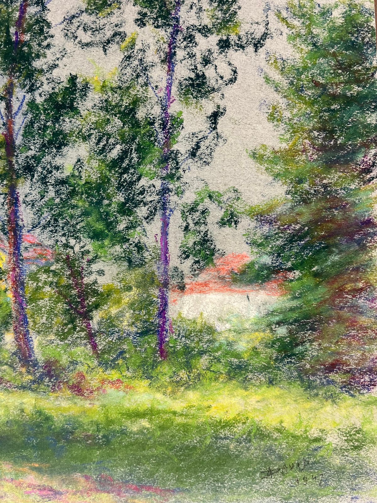 Regine Davidmid 20th Century French Pastel Landscape Of A Village Church Among Trees1967 photo 382.0