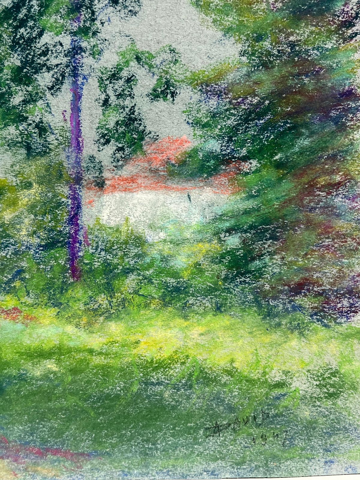 Regine Davidmid 20th Century French Pastel Landscape Of A Village Church Among Trees1967 photo vinterior