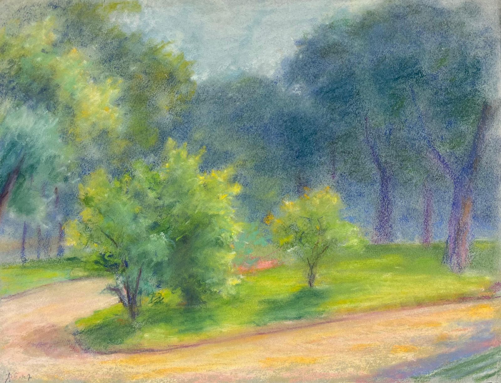 Regine Davidmid 20th Century Sunlit Path Through A Verdant Park: A Pastel Landscape Of Trees1947