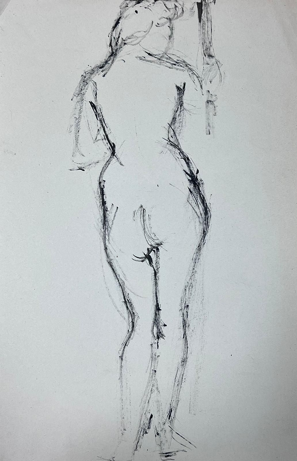 French Schoolfrench Expressive Charcoal Sketch Of A Standing Nude Figure