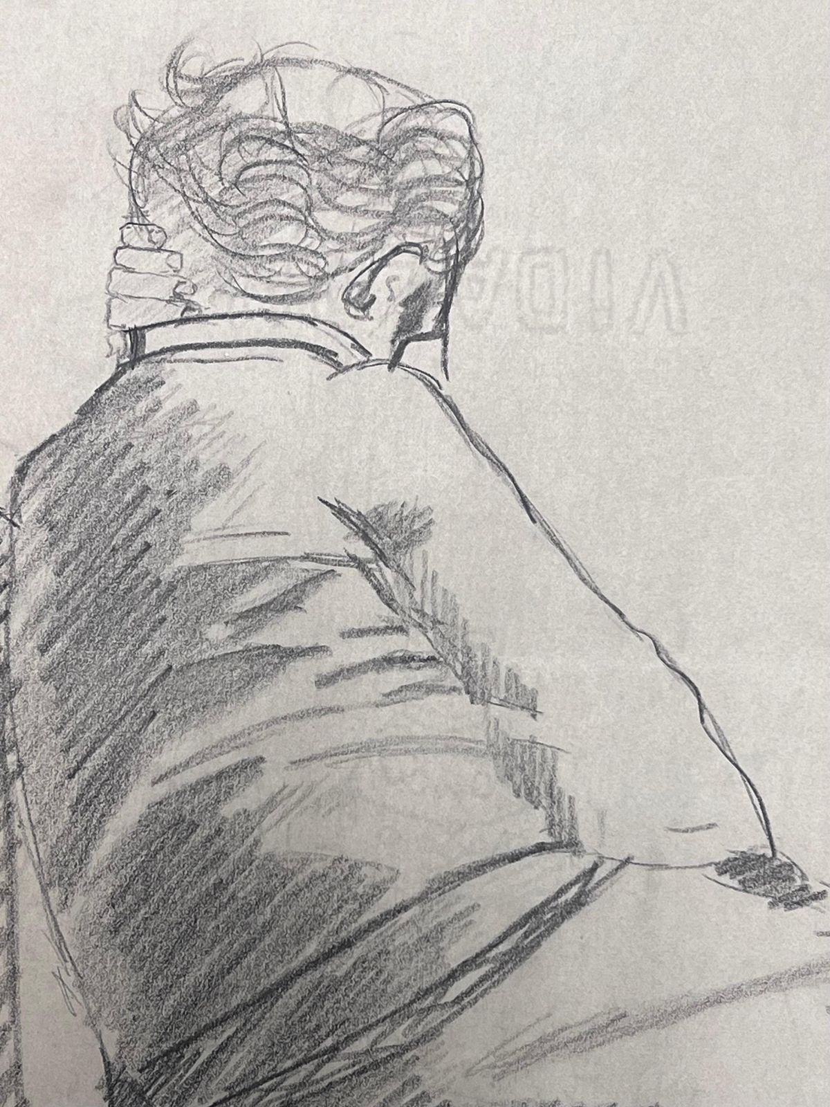 French Schoolstudy Of A Seated Figure From Behind Pencil Sketch photo for sale
