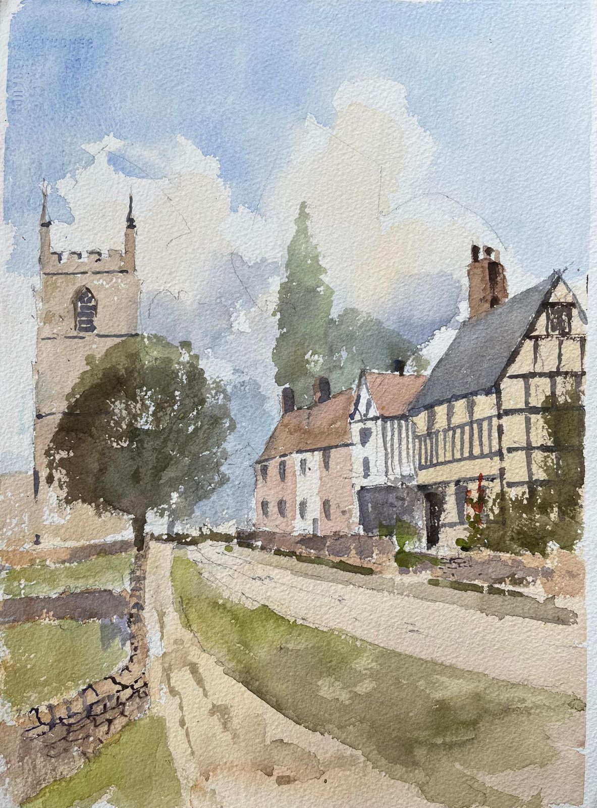Anthony Averybritish Original Watercolor Of A Church And Tudor Houses In A Village Setting