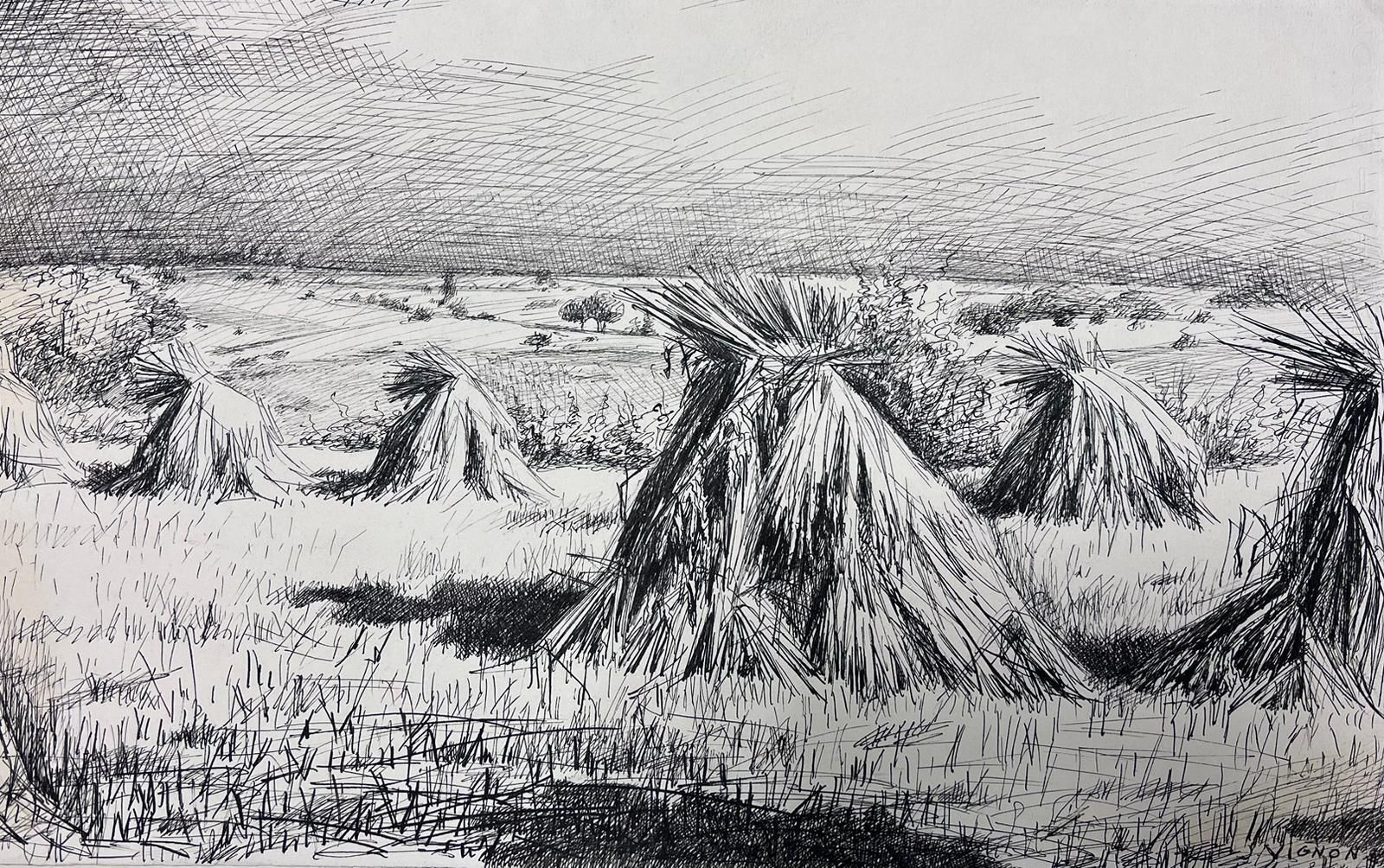 Josine Vignonink Drawing Of Harvested Sheaves In An Expansive Countryside Landscape1950s