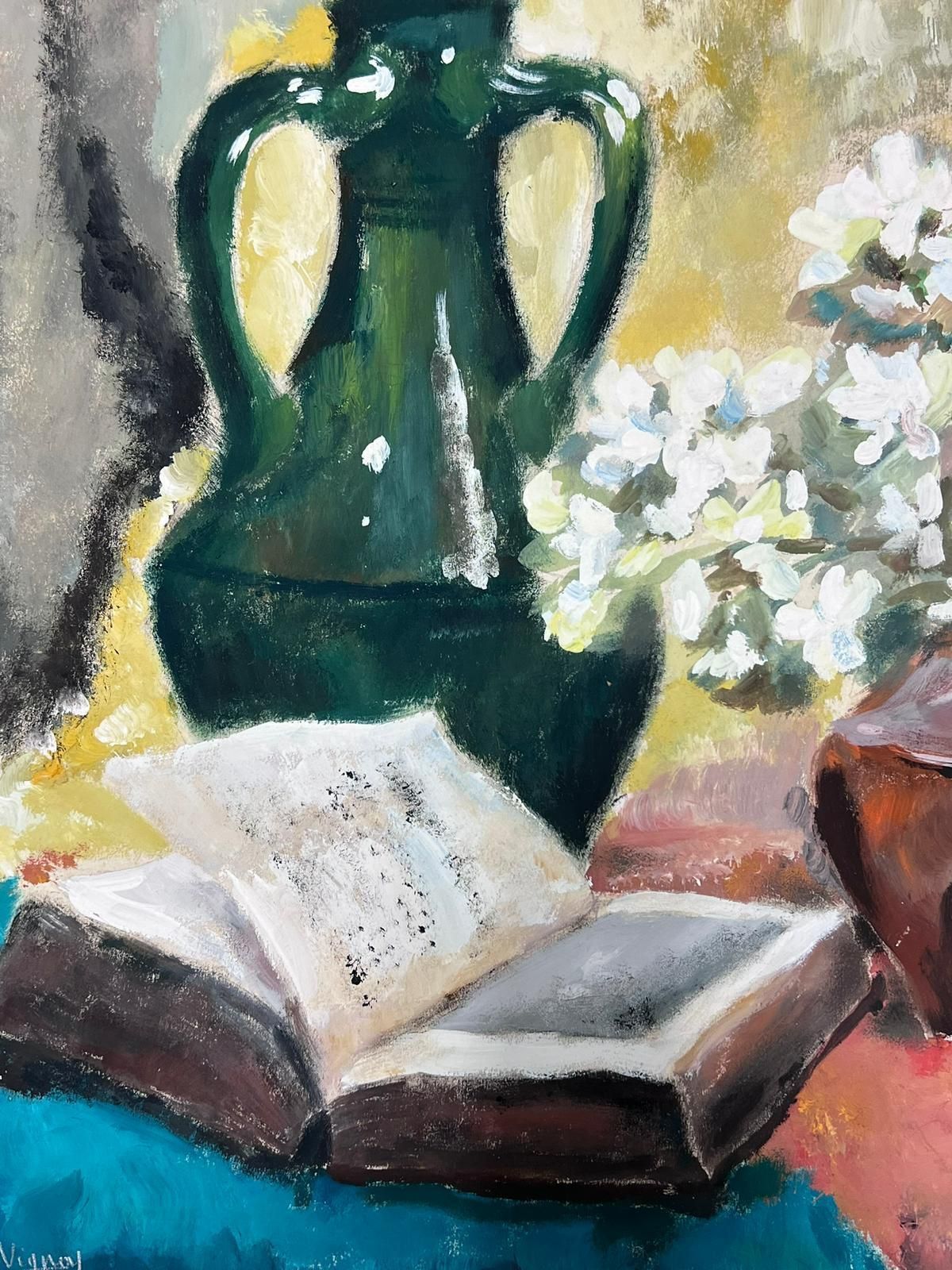 Josine Vignonfrench A Still Life With Open Book, Vase And Blossoming Plant1950s photo vinterior