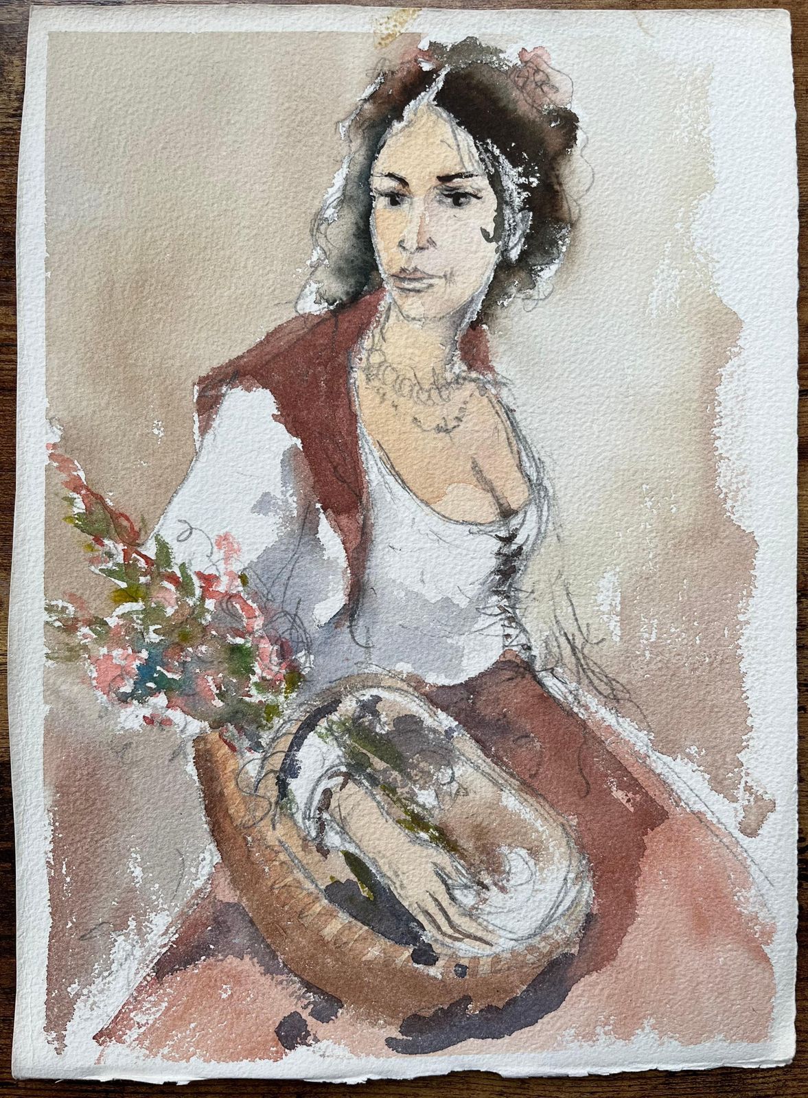 Anthony Averybritish Original Watercolor Portrait Of A Woman With Flowers photo furniture