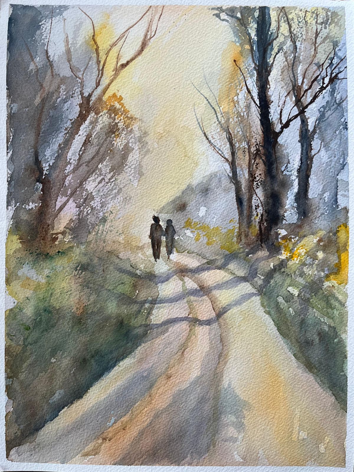 Anthony Averybritish Watercolor Landscape With Two Figures On A Country Path At Sunrise