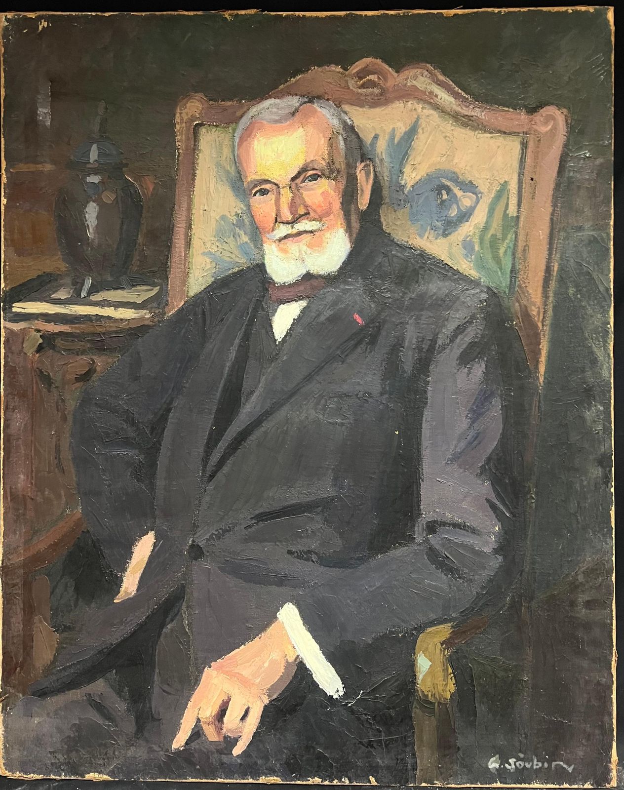 Georges Joubin (1888 1983) 1930's Large French Oil Distinguished Portrait  Dapper Gentleman In Suit & Chair1930 photo furniture