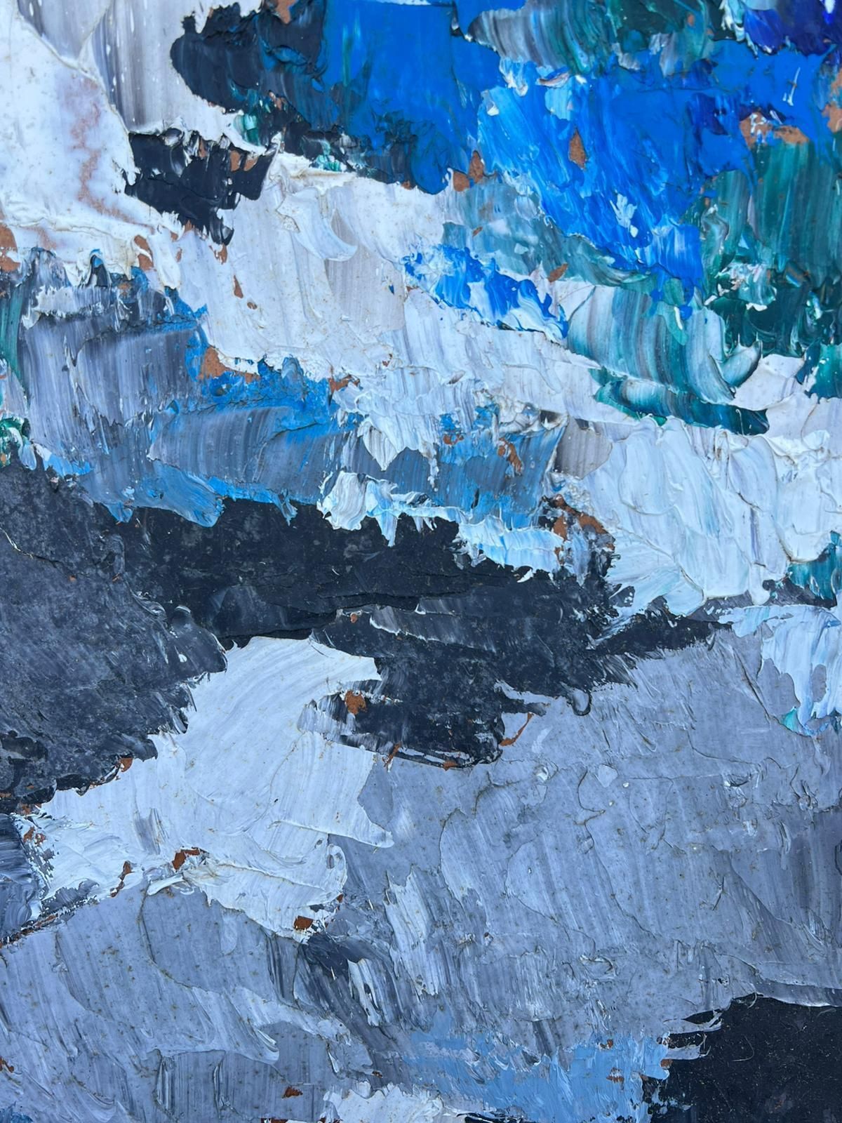 French Cubist 1950'sabstract Seascape Bold Brushstrokes Thick Shades Blue & Grey French Mid 20th Oil1950's photo vinterior
