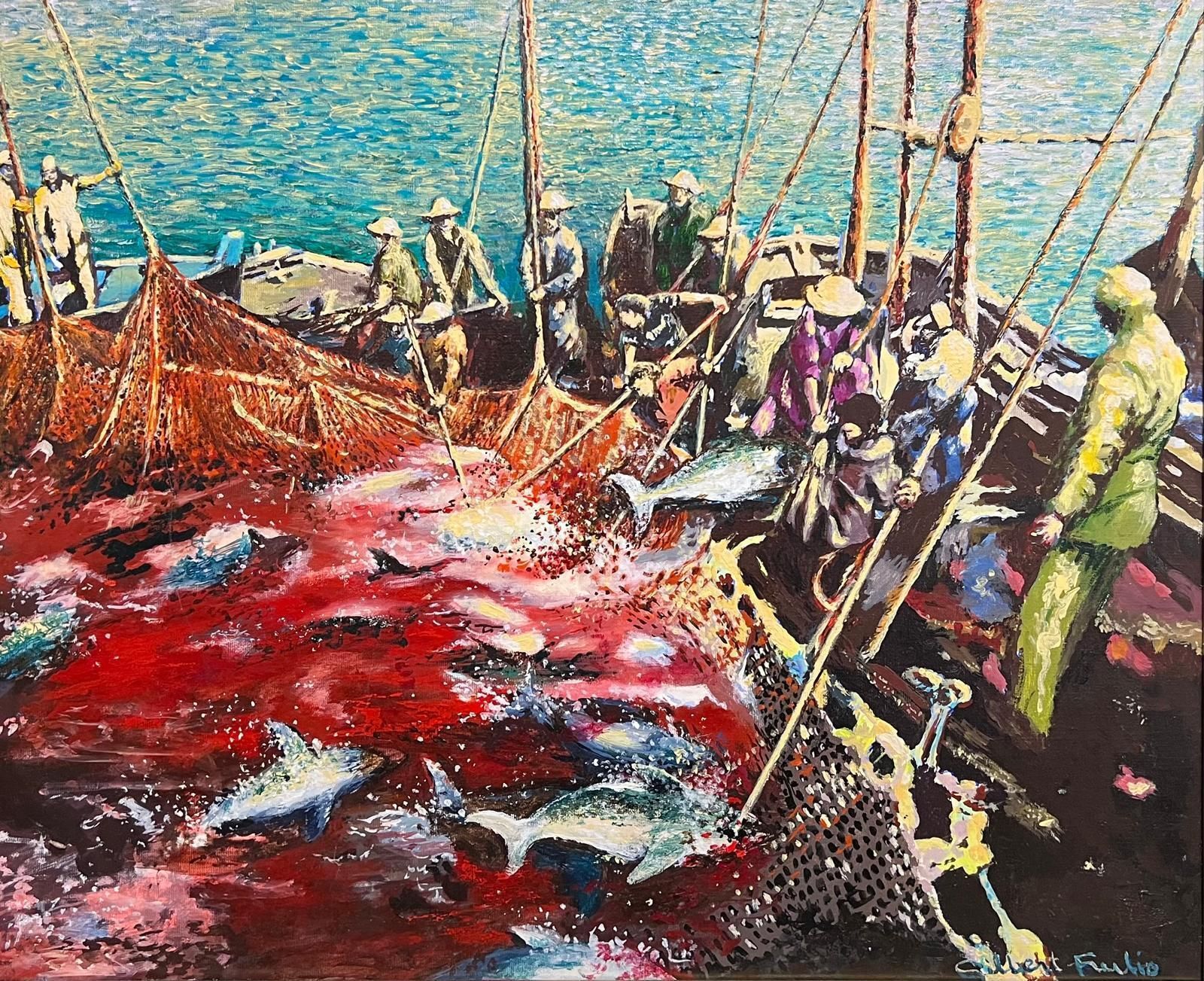 Gilbert Fuliolarge French Modernist Oil Painting Tuna Fishermen At Sea With Their Catch, 19931993 photo furniture