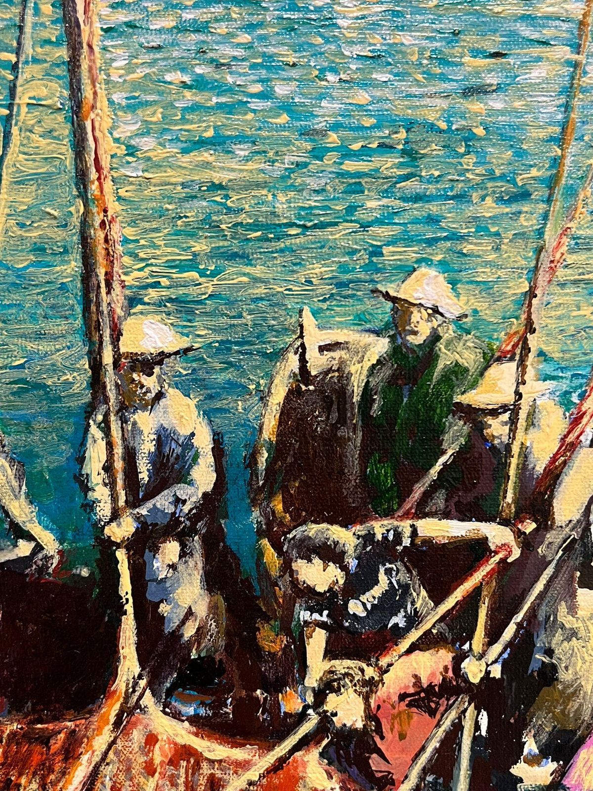 Gilbert Fuliolarge French Modernist Oil Painting Tuna Fishermen At Sea With Their Catch, 19931993 photo for sale