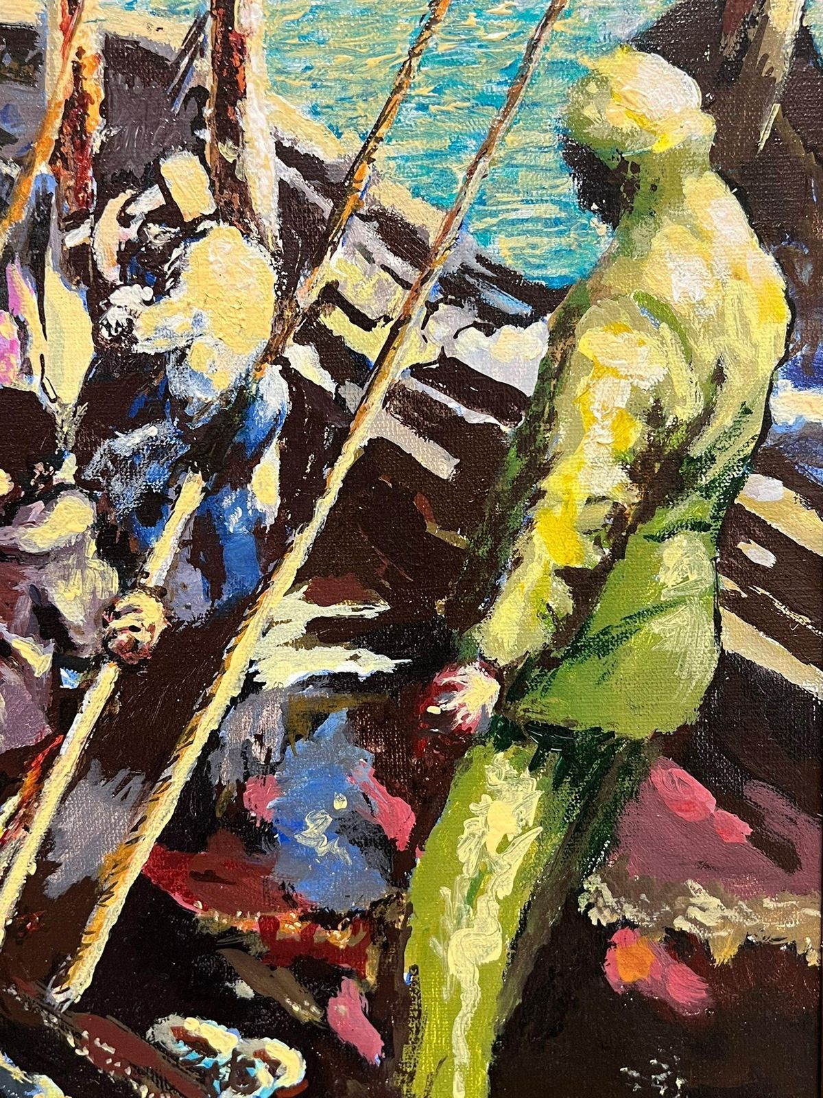 1231.0 Gilbert Fuliolarge French Modernist Oil Painting Tuna Fishermen At Sea With Their Catch, 19931993 photo