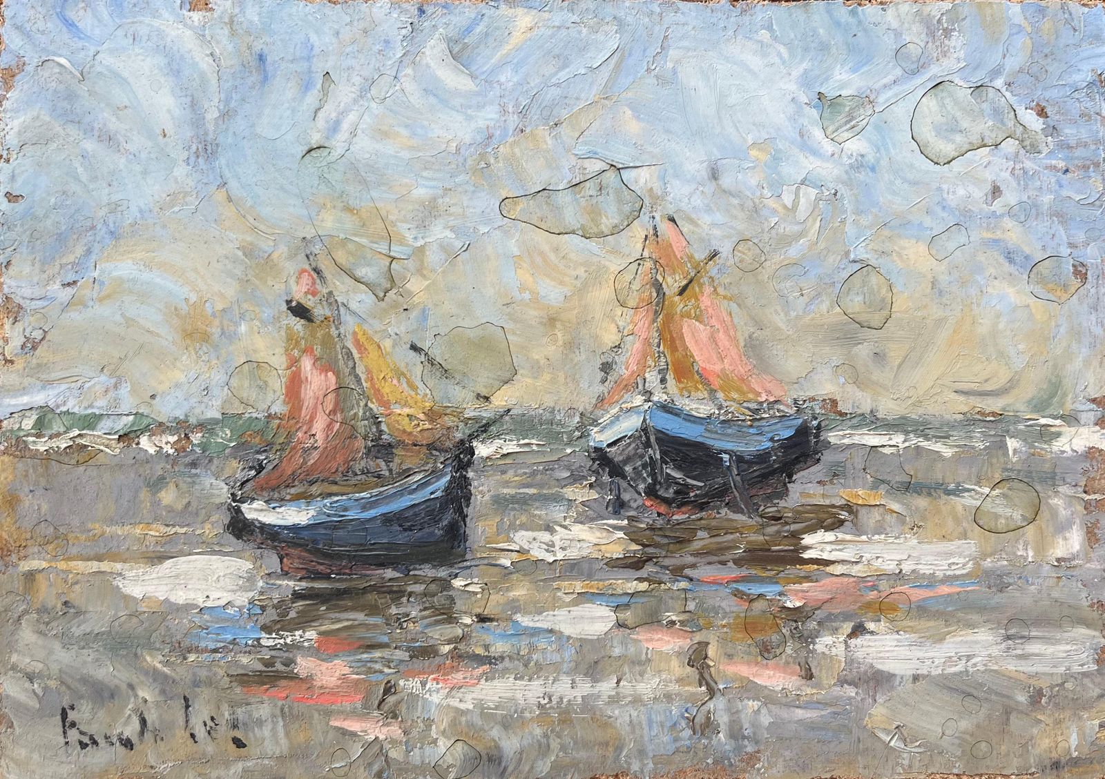Fanch Lelfrench Impressionist Oil Painting Of Boats At Low Tide