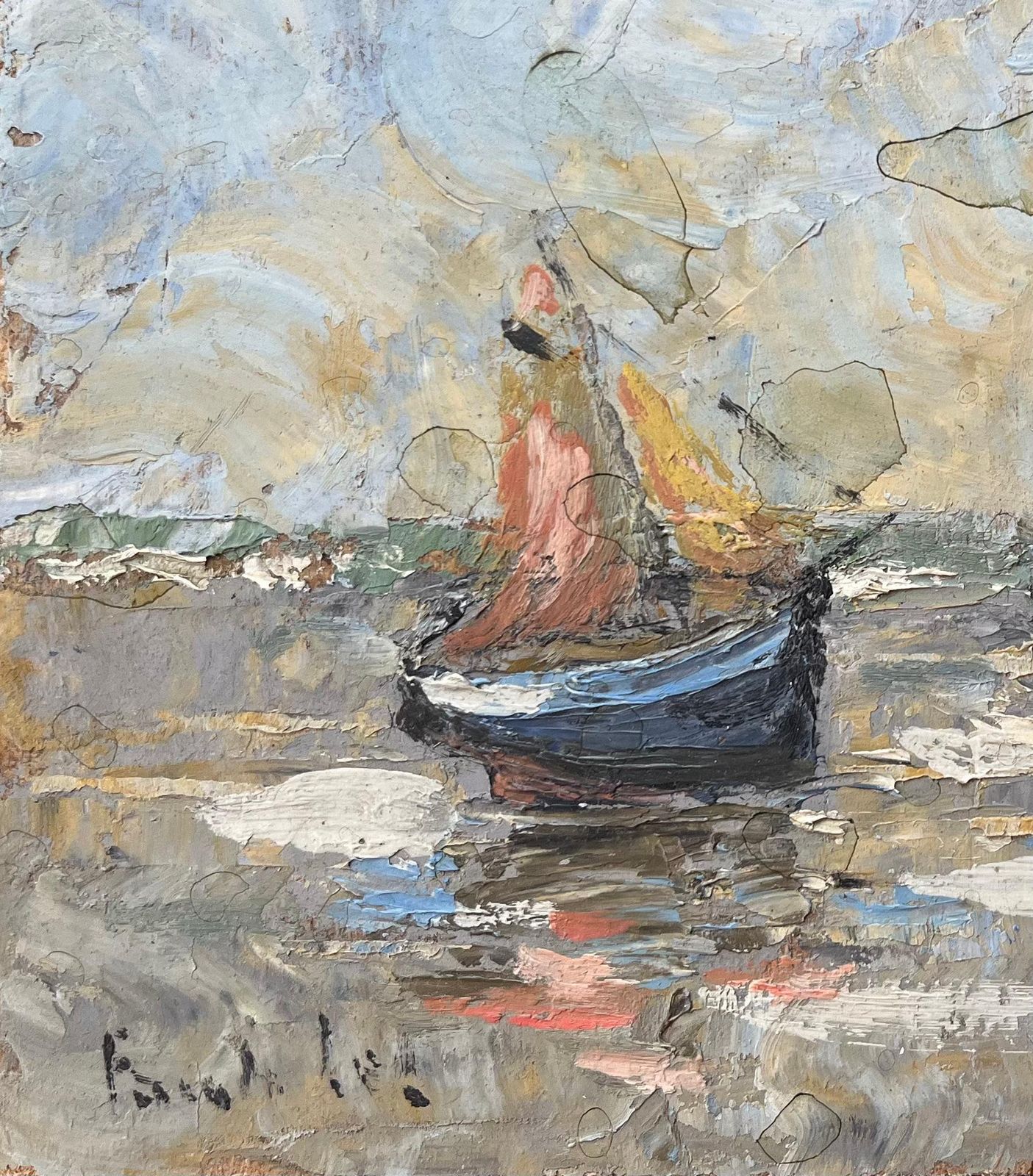 Fanch Lelfrench Impressionist Oil Painting Of Boats At Low Tide photo for sale