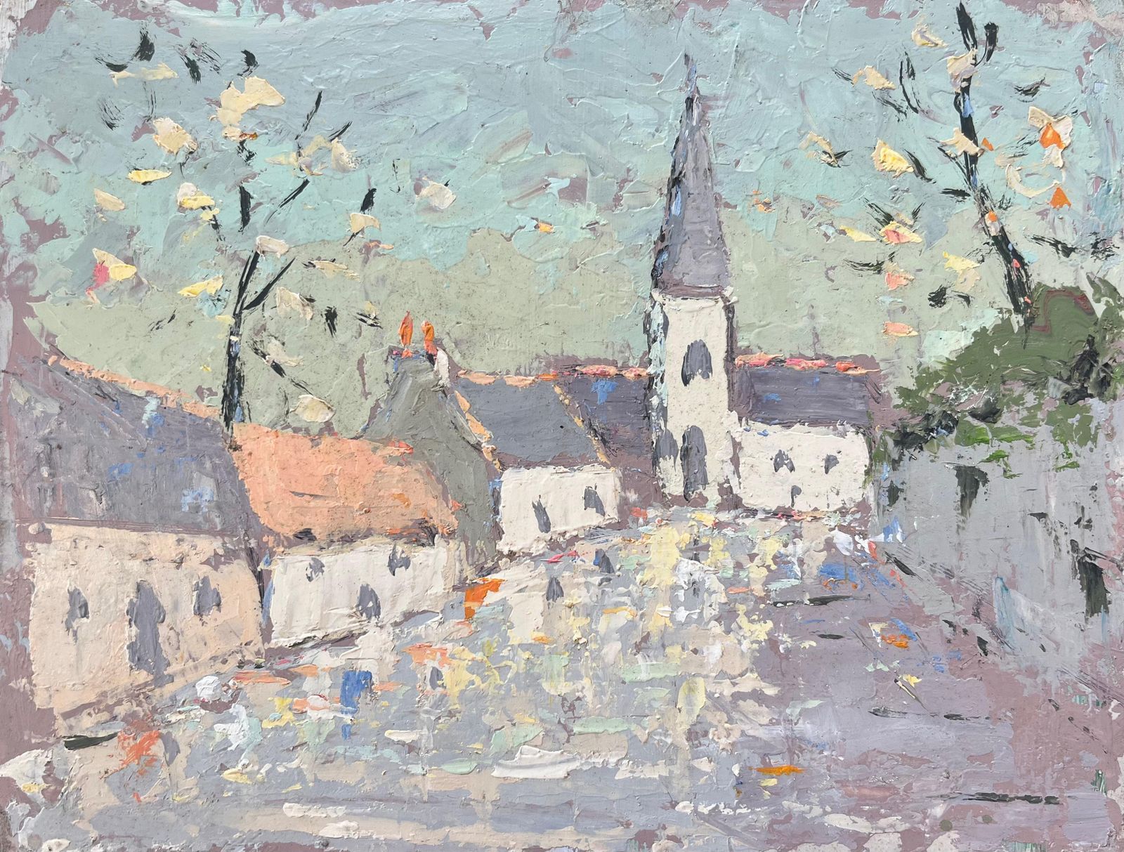 Fanch Lelfrench Impressionist Oil Painting Of Charming Village Scene With Spired Church