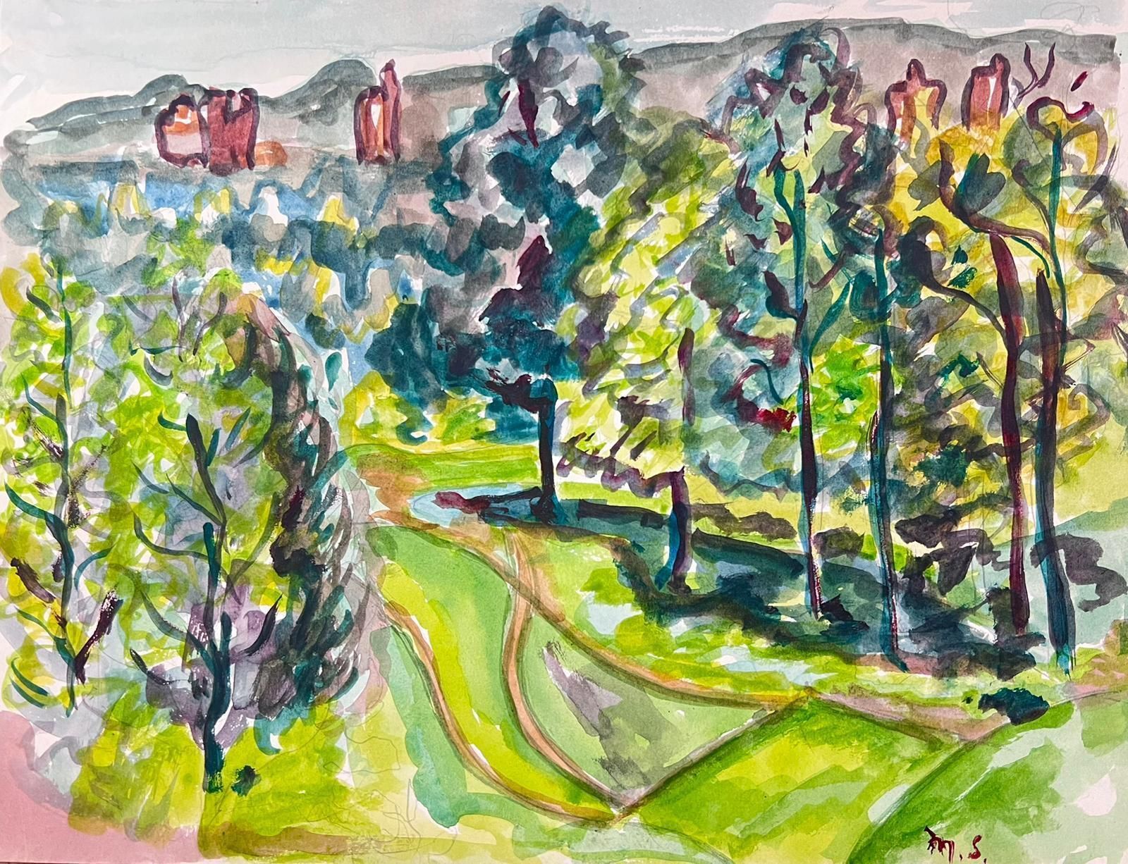 Marjorie Schiele (1913 2008)vibrant Watercolor Landscape Of A Sunlit Forest And Rolling Hills