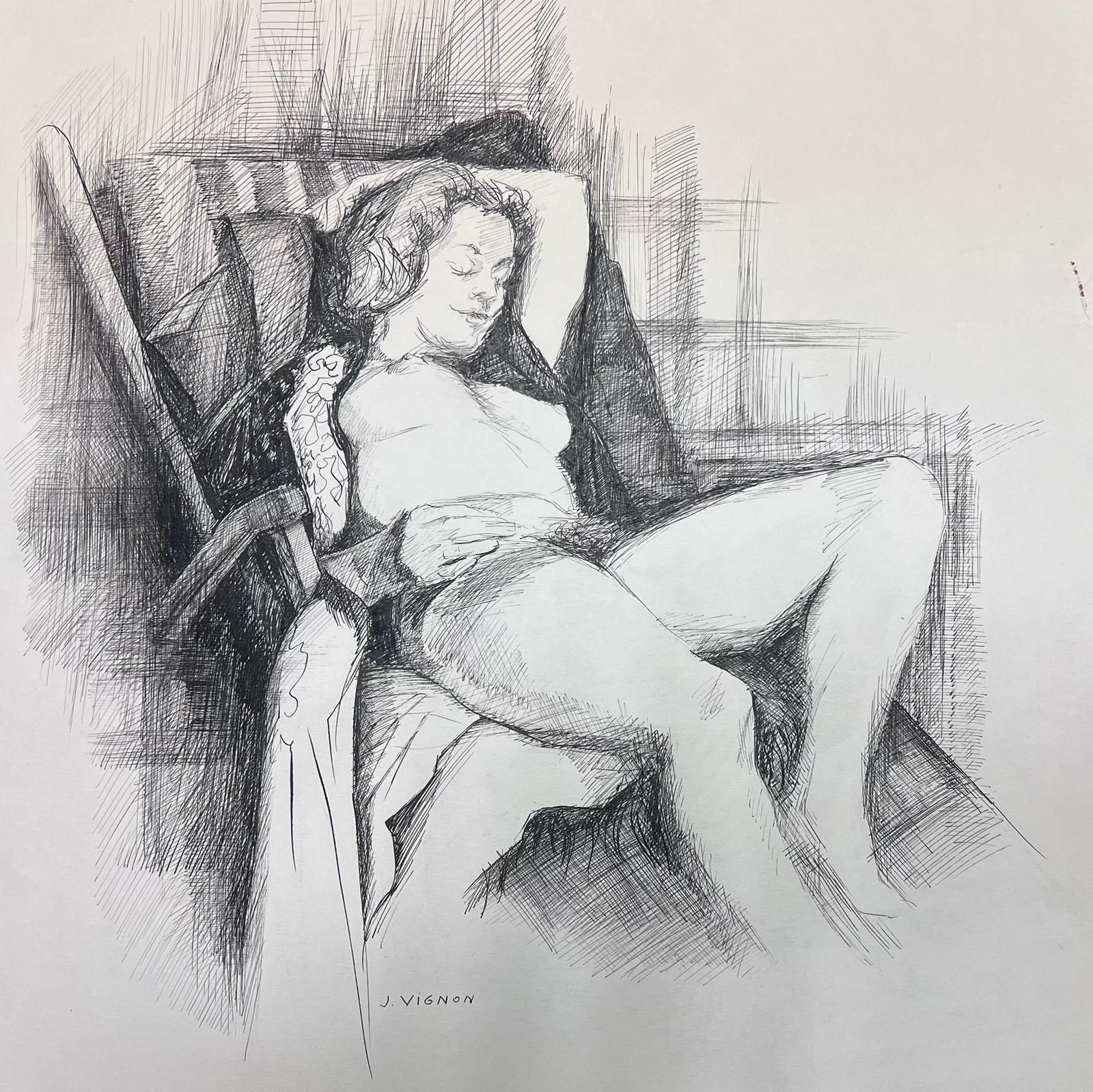 Josine Vignonelegant Ink Drawing Of A Reclining Female Nude1950s photo furniture