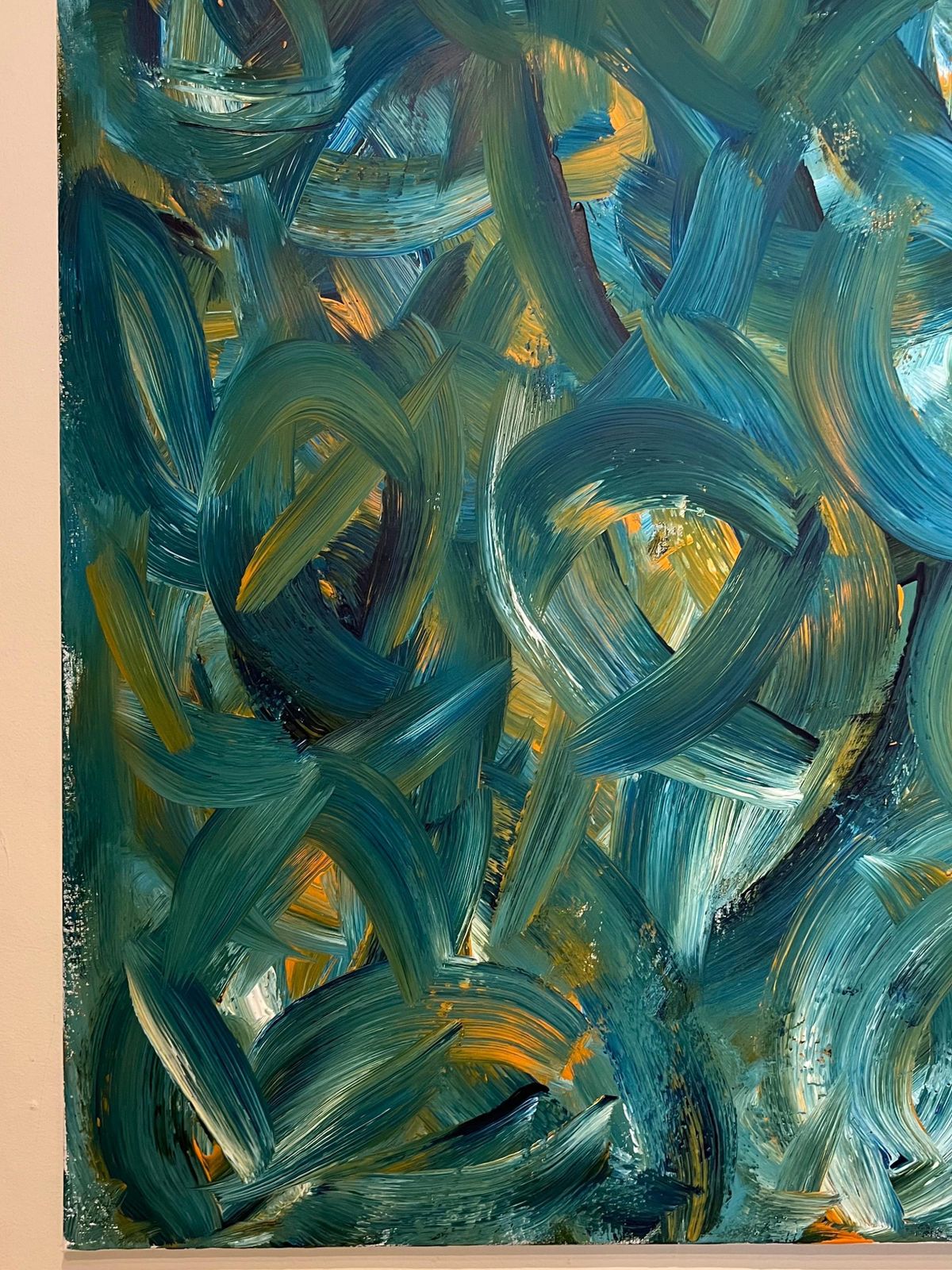 Sally Bradshawbritish Abstract Painting Contemporary Bold Brushstrokes In Teal Blue And Yellowc.2024 photo for sale