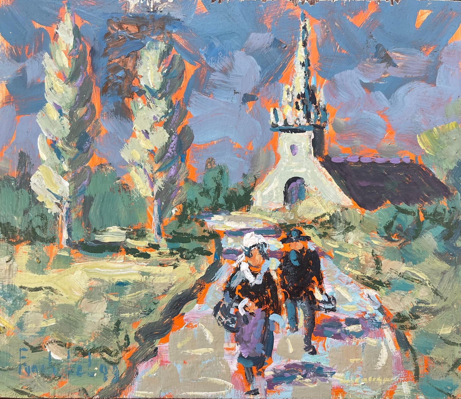 Fanch Lelfrench Impressionist Oil Painting Of Church And Village Scene With Figures1999