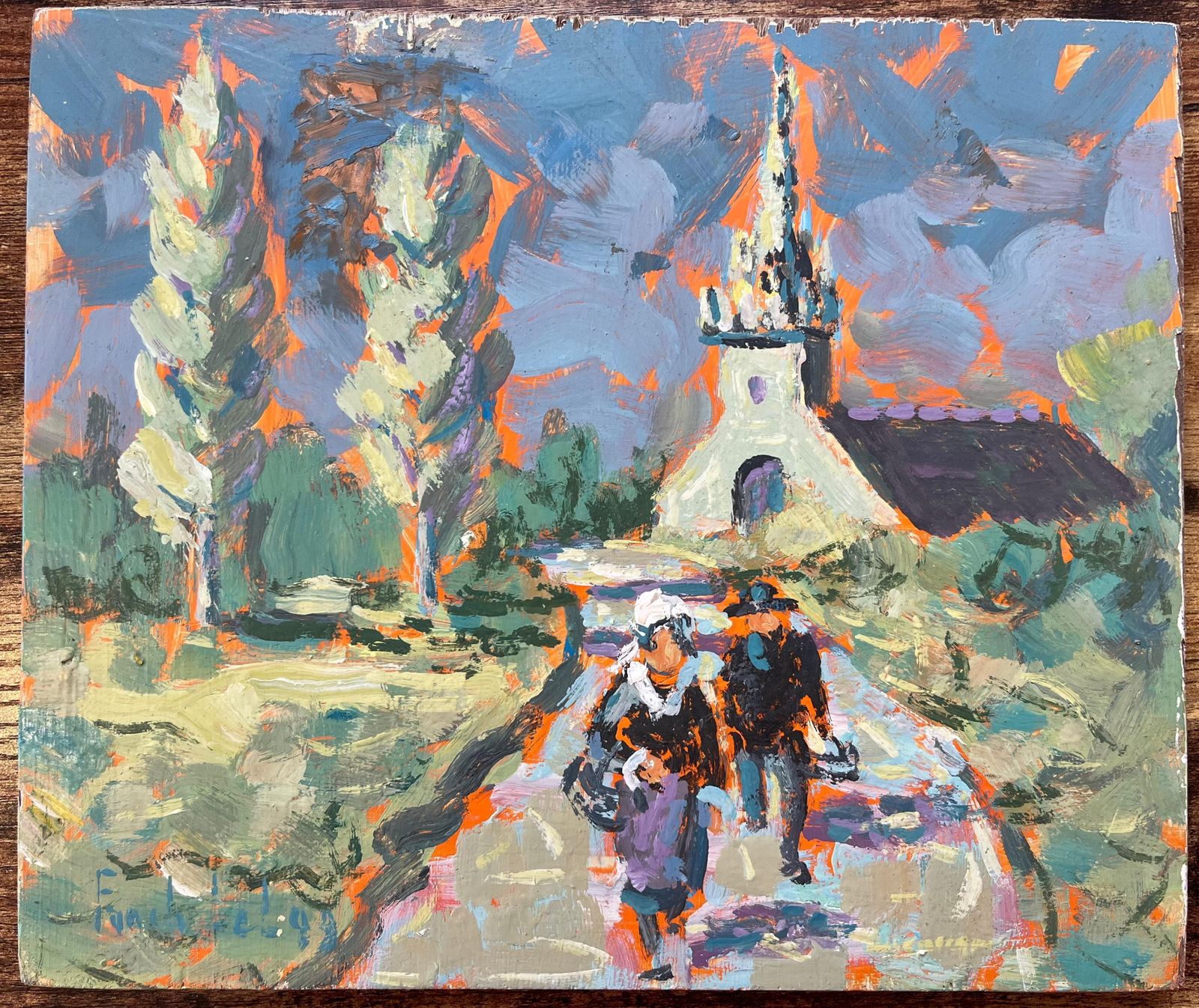 Fanch Lelfrench Impressionist Oil Painting Of Church And Village Scene With Figures1999 photo furniture