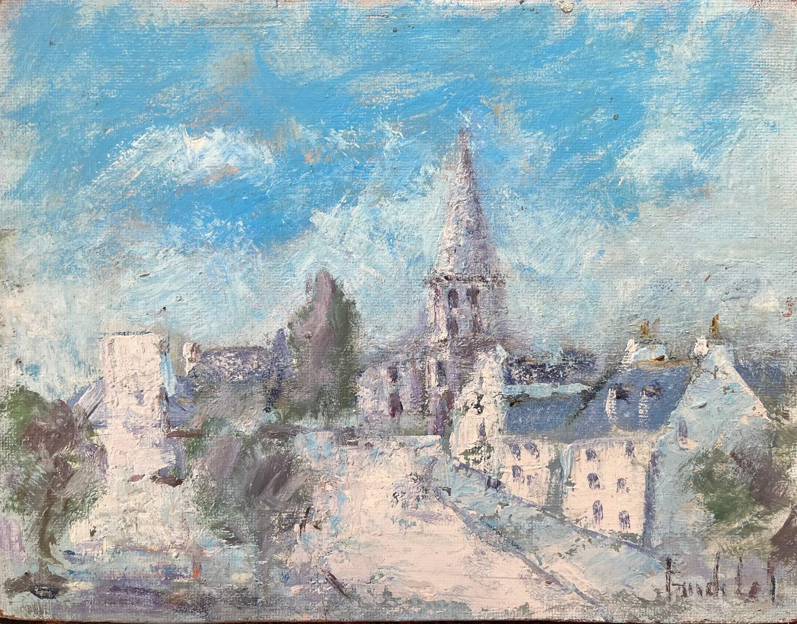 Fanch Lelfrench Impressionist Oil Painting Of Sunlit Village With Church Spire