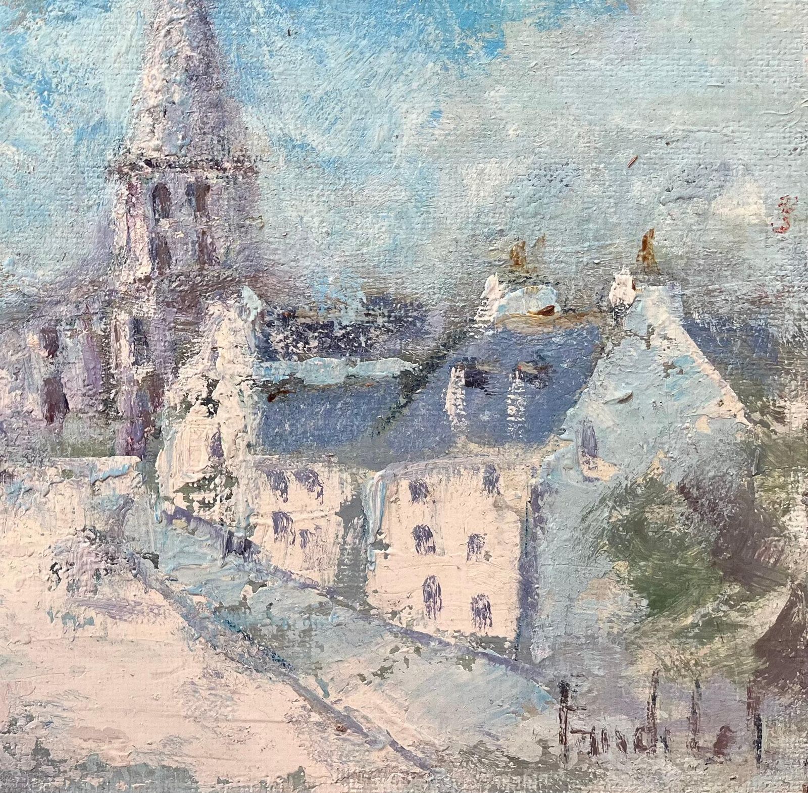 Fanch Lelfrench Impressionist Oil Painting Of Sunlit Village With Church Spire photo for sale
