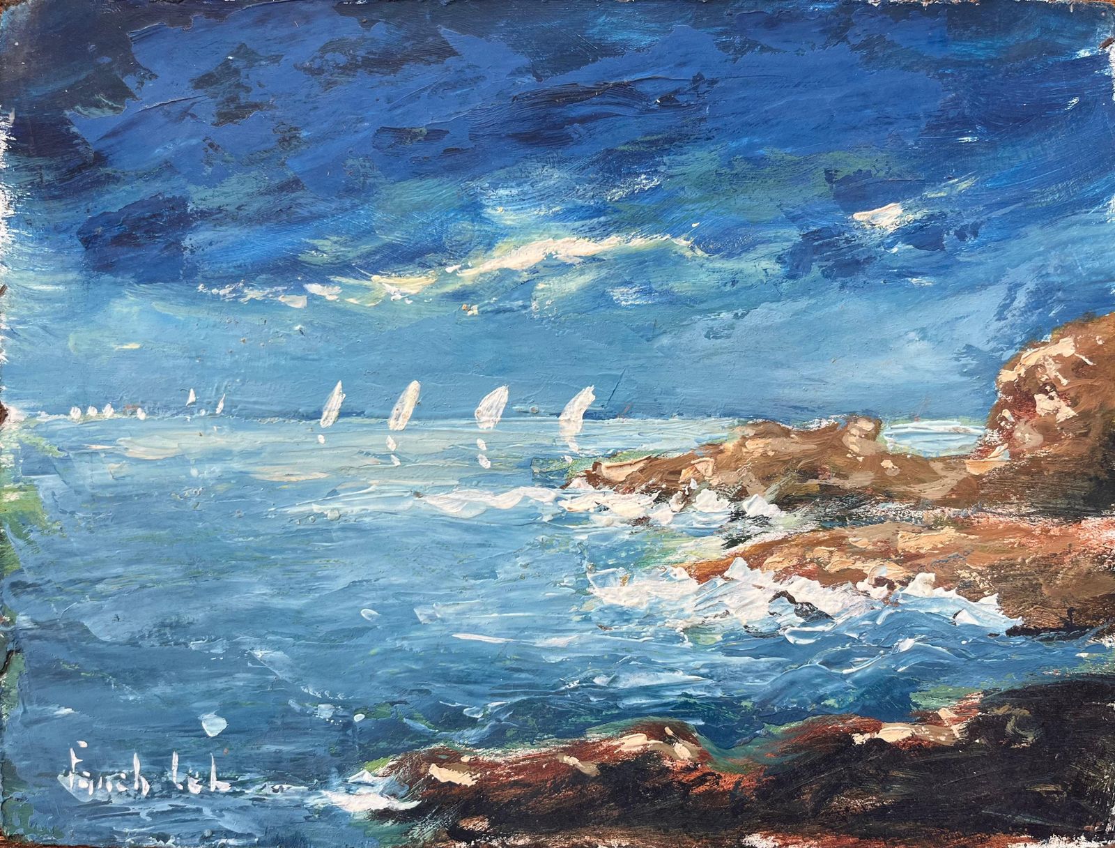 Fanch Lelfrench Impressionist Oil Painting Of A Coastal Scene With Sailboats