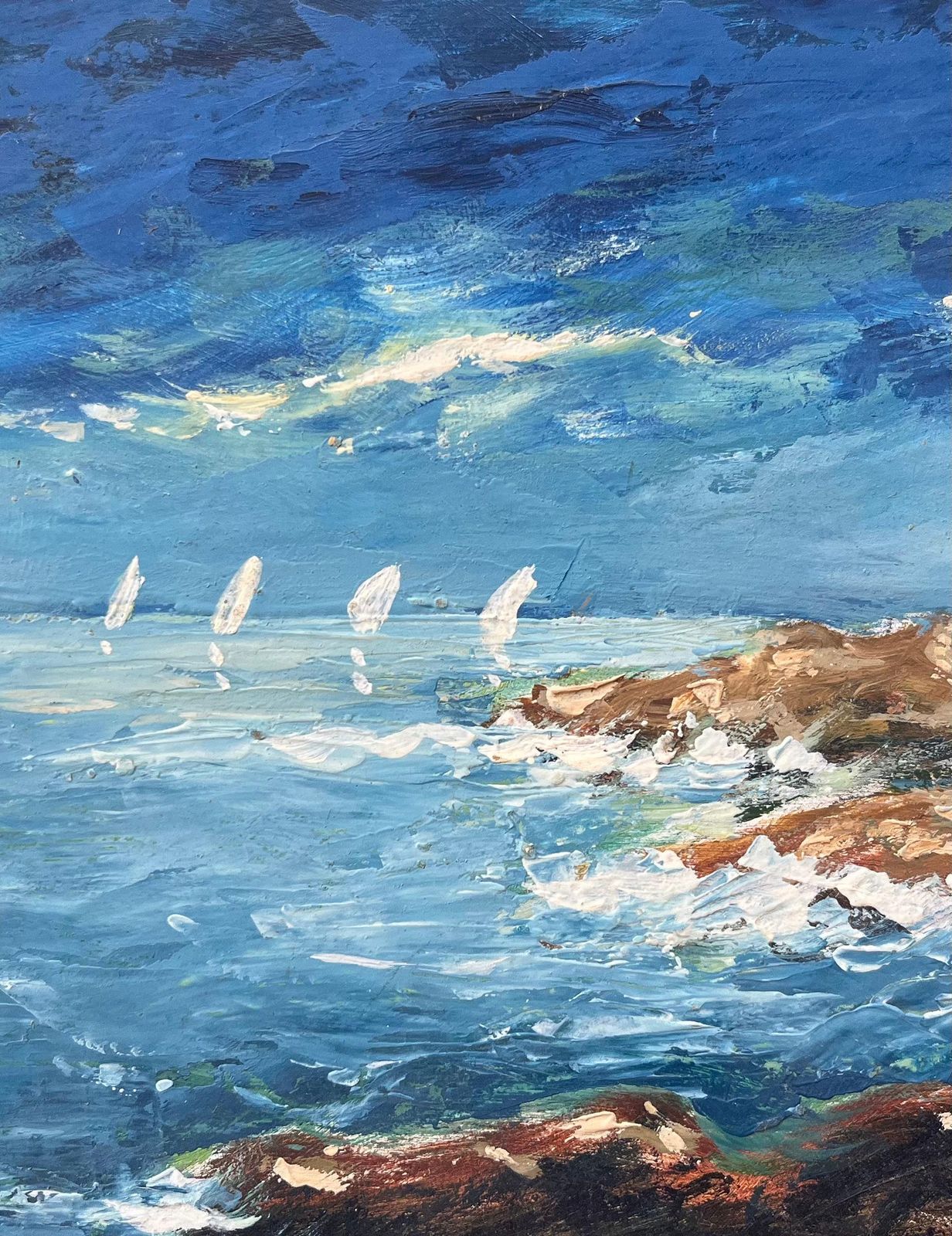 Fanch Lelfrench Impressionist Oil Painting Of A Coastal Scene With Sailboats photo Art