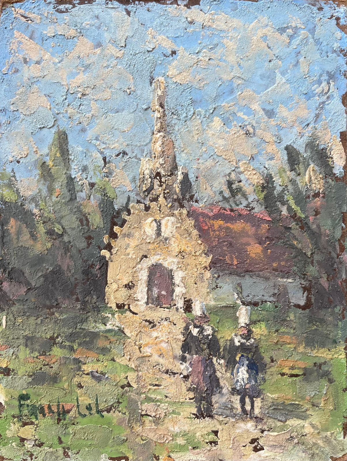 Fanch Lelfrench Impressionist Oil Painting Of A Rural Chapel With Figures