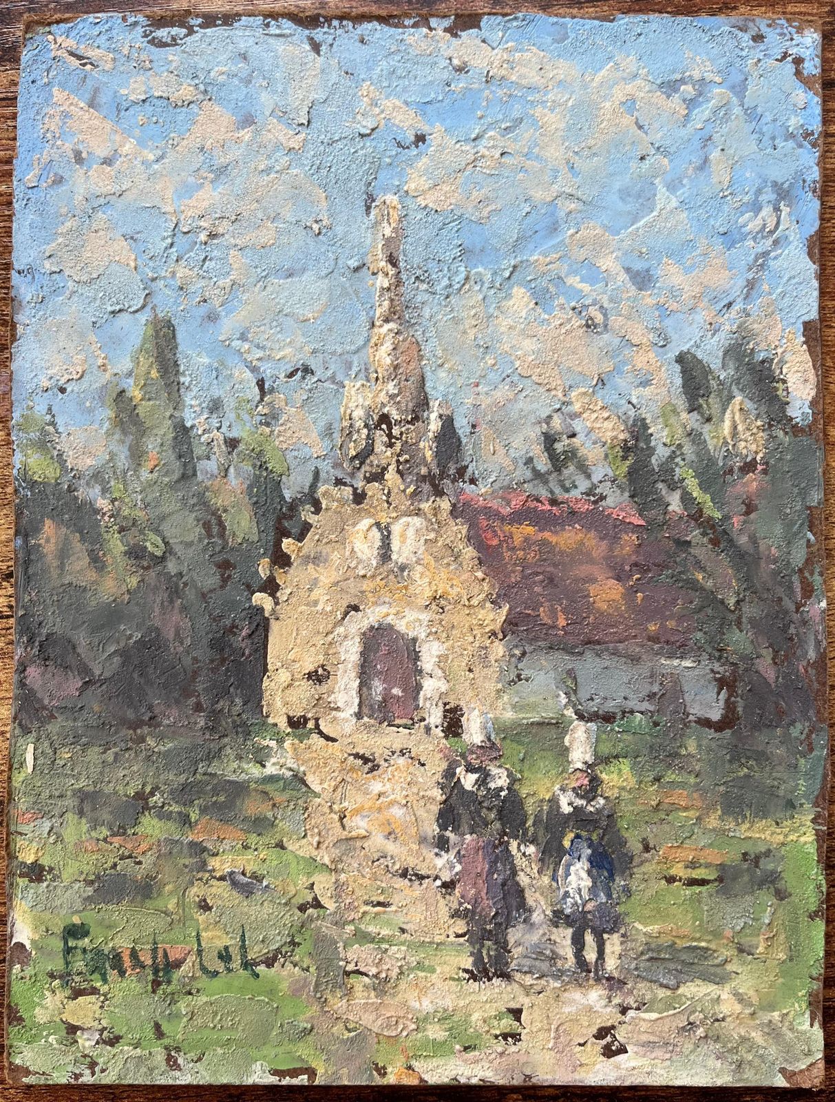 Fanch Lelfrench Impressionist Oil Painting Of A Rural Chapel With Figures photo furniture