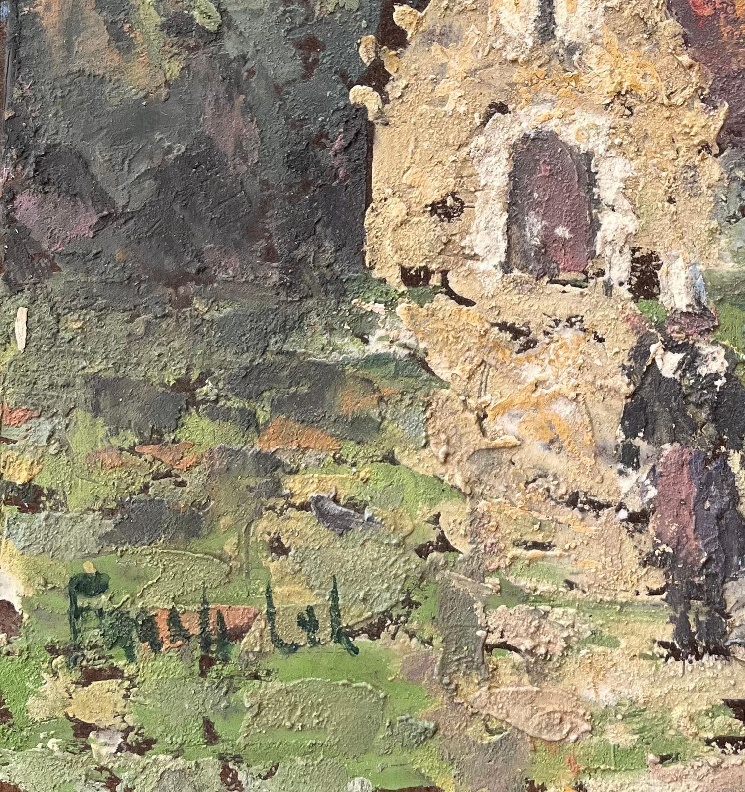 Fanch Lelfrench Impressionist Oil Painting Of A Rural Chapel With Figures photo for sale