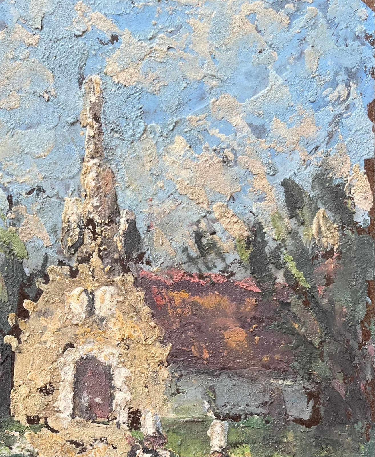 Fanch Lelfrench Impressionist Oil Painting Of A Rural Chapel With Figures photo vinterior
