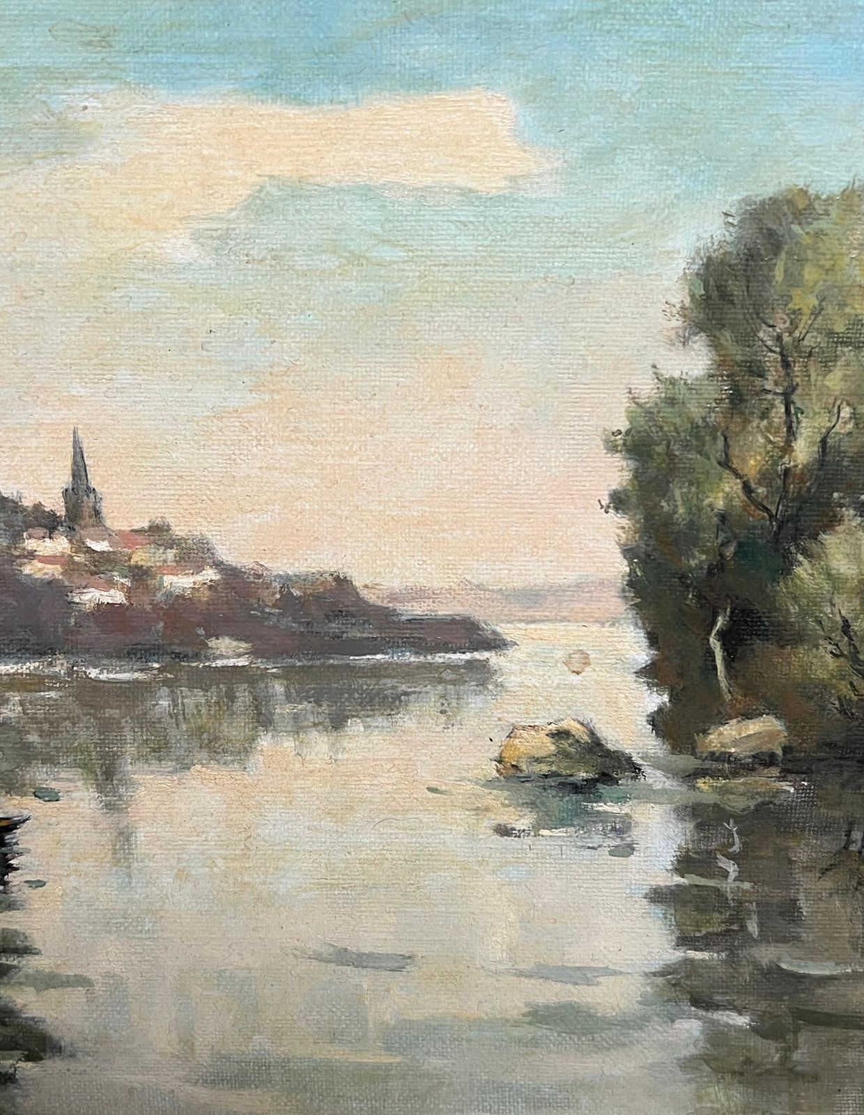 Georges Lerouxriver Landscape With Boaters Trees Distant Village French Mid Century Paintingmid 20th Century photo for sale
