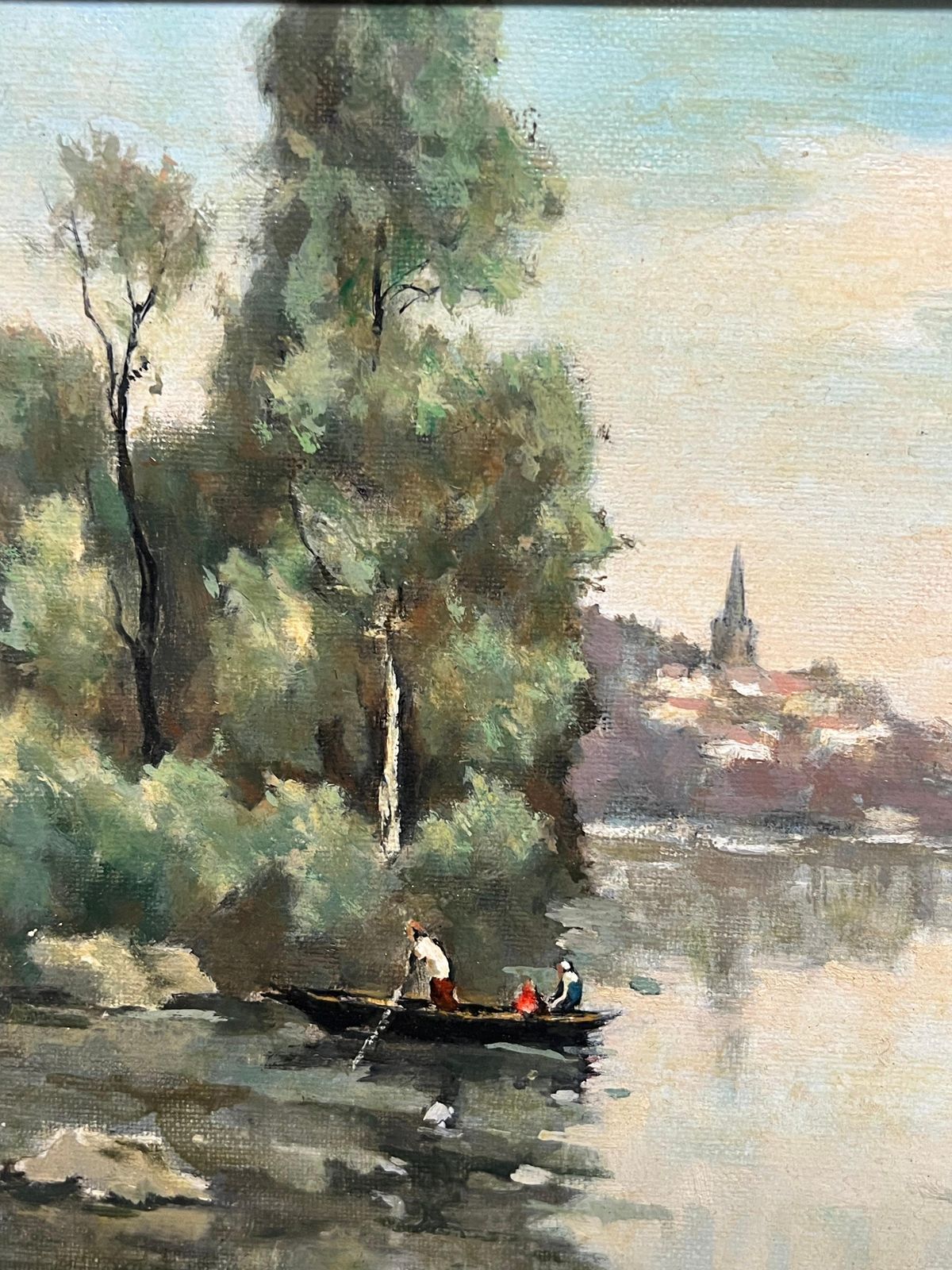 Georges Lerouxriver Landscape With Boaters Trees Distant Village French Mid Century Paintingmid 20th Century photo Art