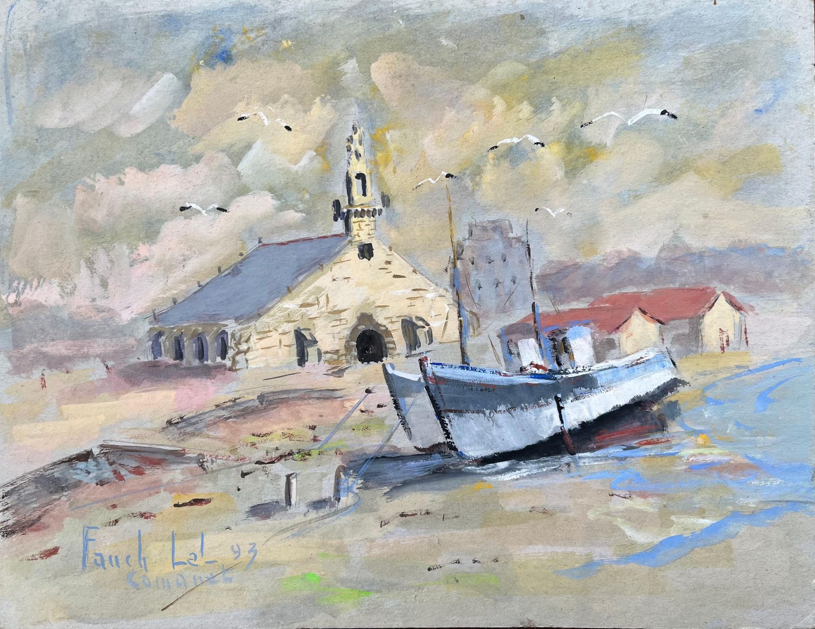 Fanch Lelfrench Impressionist Oil Painting Of A Chapel And Fishing Boat In Camaret1993