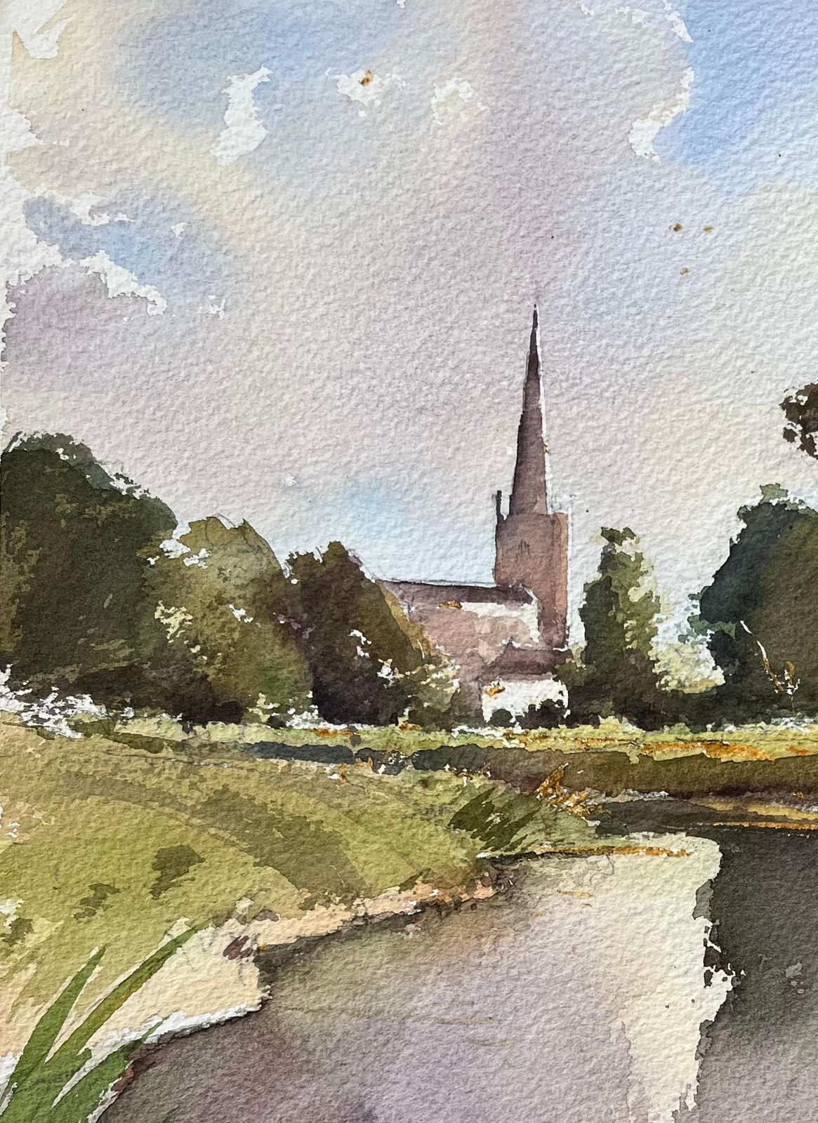 Anthony Averybritish Original Watercolor Of Church By The Riverside photo for sale