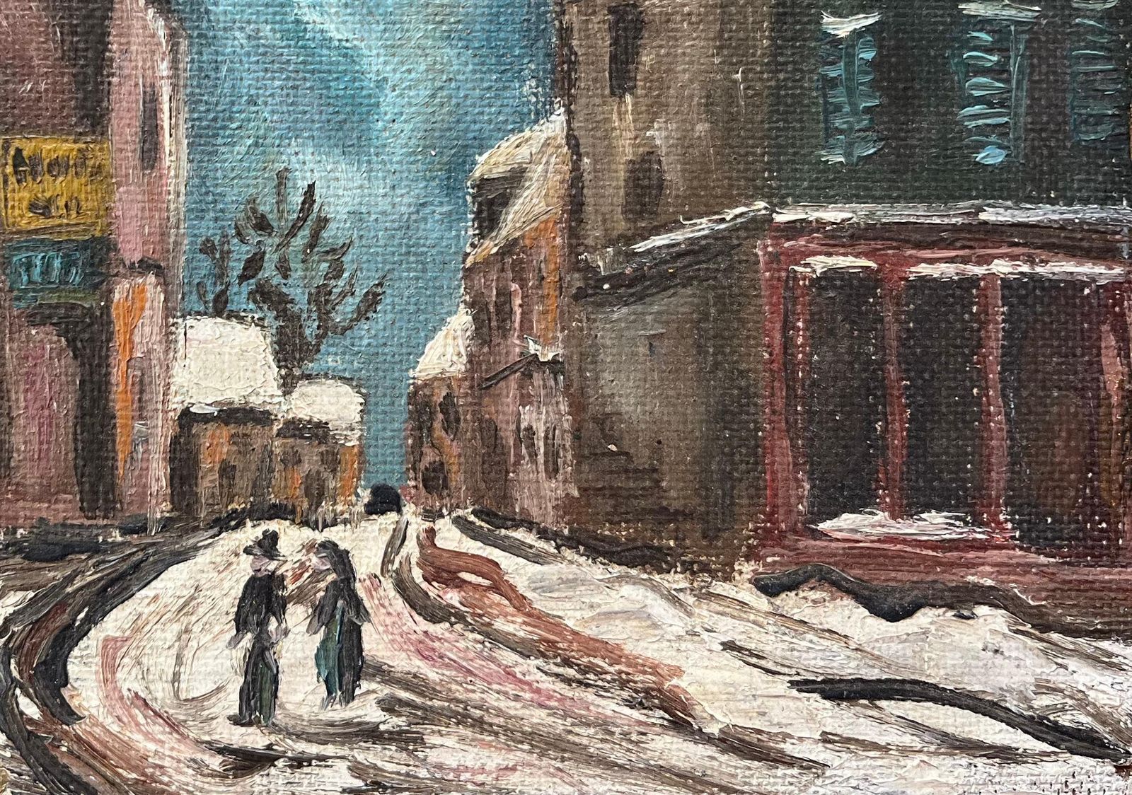 Fanch Lelfrench Impressionist Oil Painting Of Figures Walking In Snowy Townscape At Dusk photo for sale